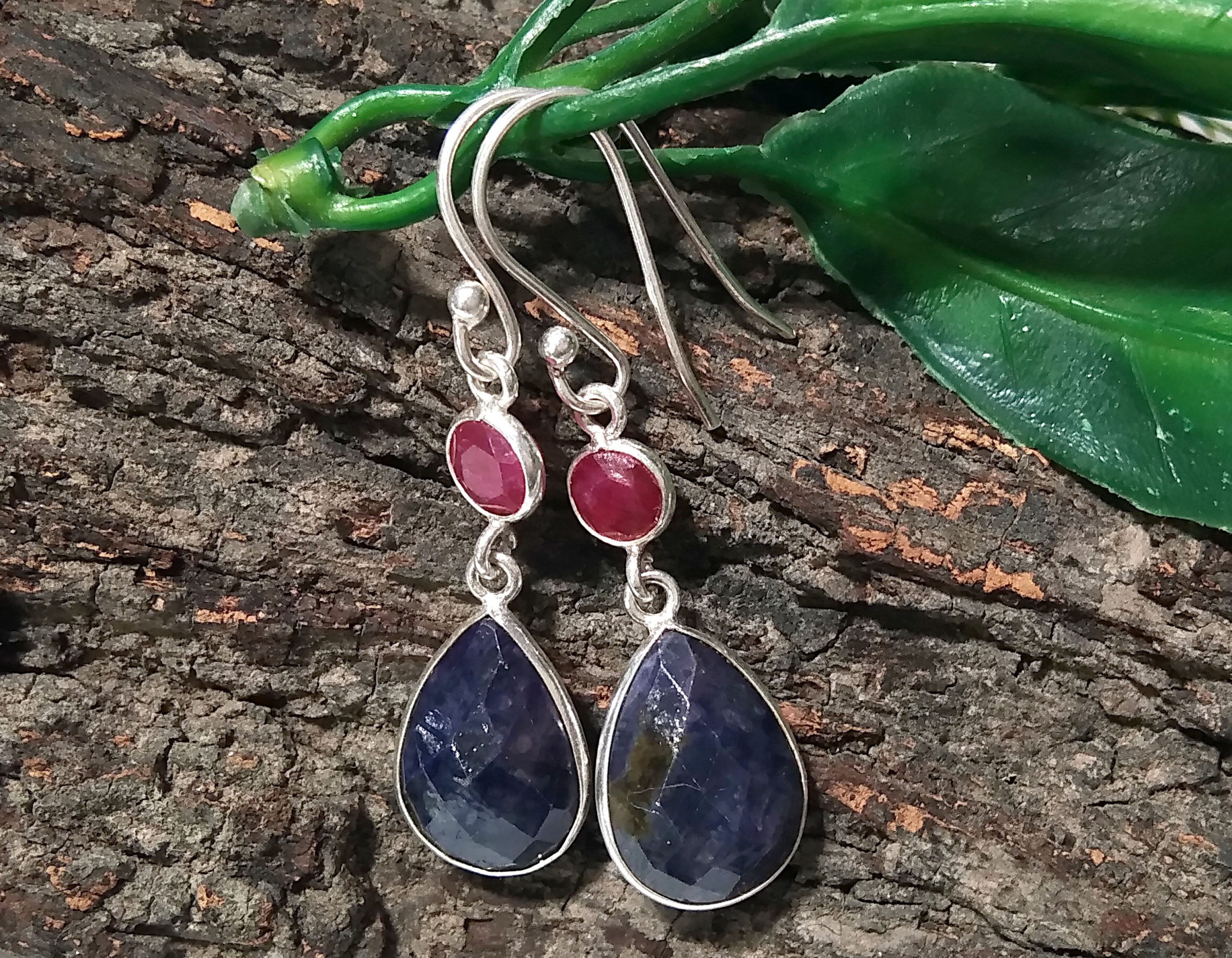 Beautiful Earring, Blue Sapphire & Red Ruby Earring, Natural Gemstone Faceted Earring, 925 Starling Silver Earring, Handmade Bezel Earring's