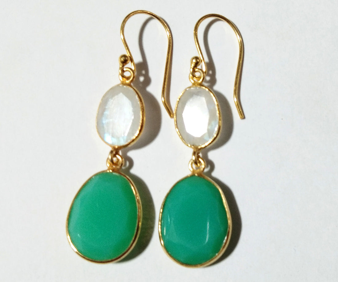 Beautiful Nice Earring ! Natural Gemstone Chryso Calcy & Rainbow Moonstone Earring, 925 Starling Silver With Gold Plated Earring For Women.
