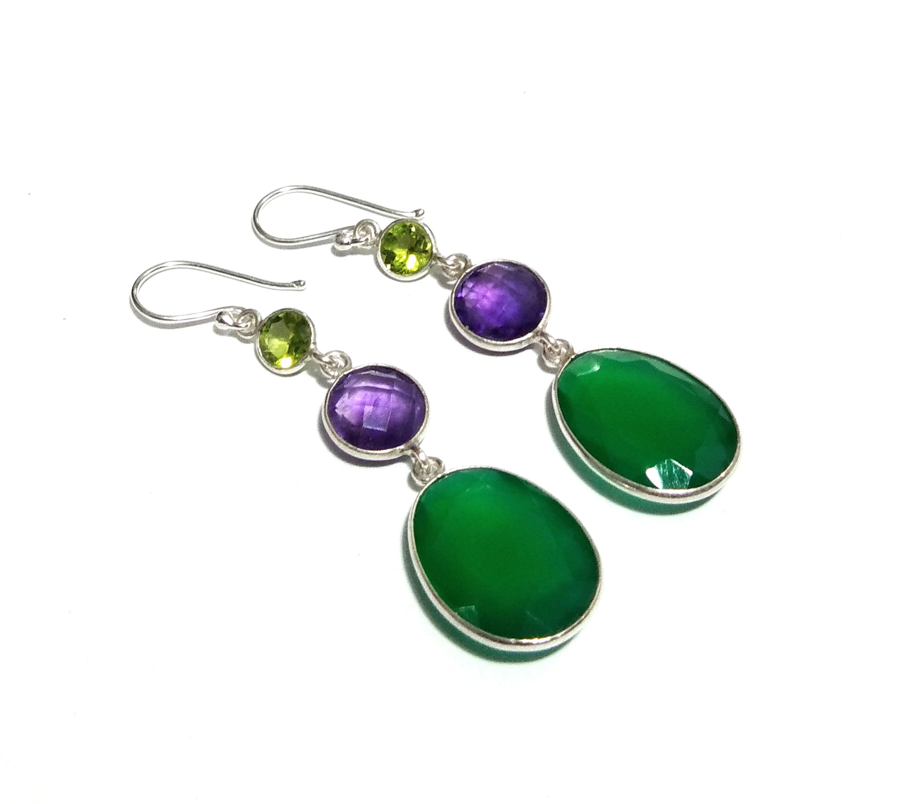 Natural Green Onyx/Peridot/Amethyst Stone Earring, 925 Solid Starling Silver Earring, Onyx/Amethyst Gemstone Gift Christmas Earring