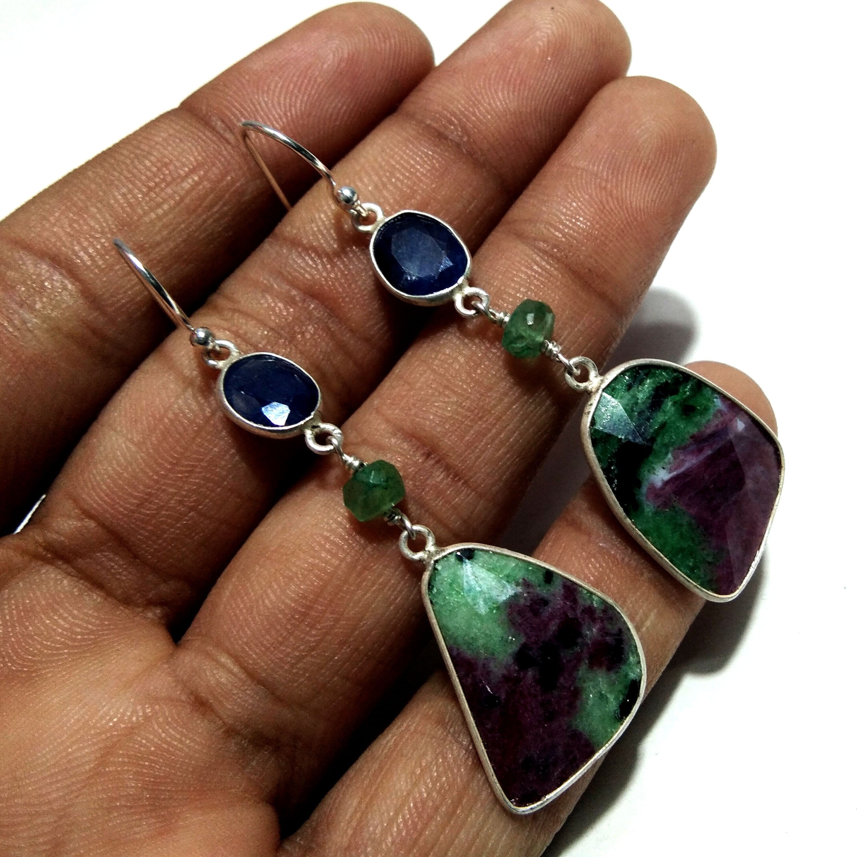 Ruby Zoisite & Blue Sapphire Earring, Amazing Design Bezel Stylish Earring,925 Starling Silver With Natural Gemstone Earring For Girls/Women