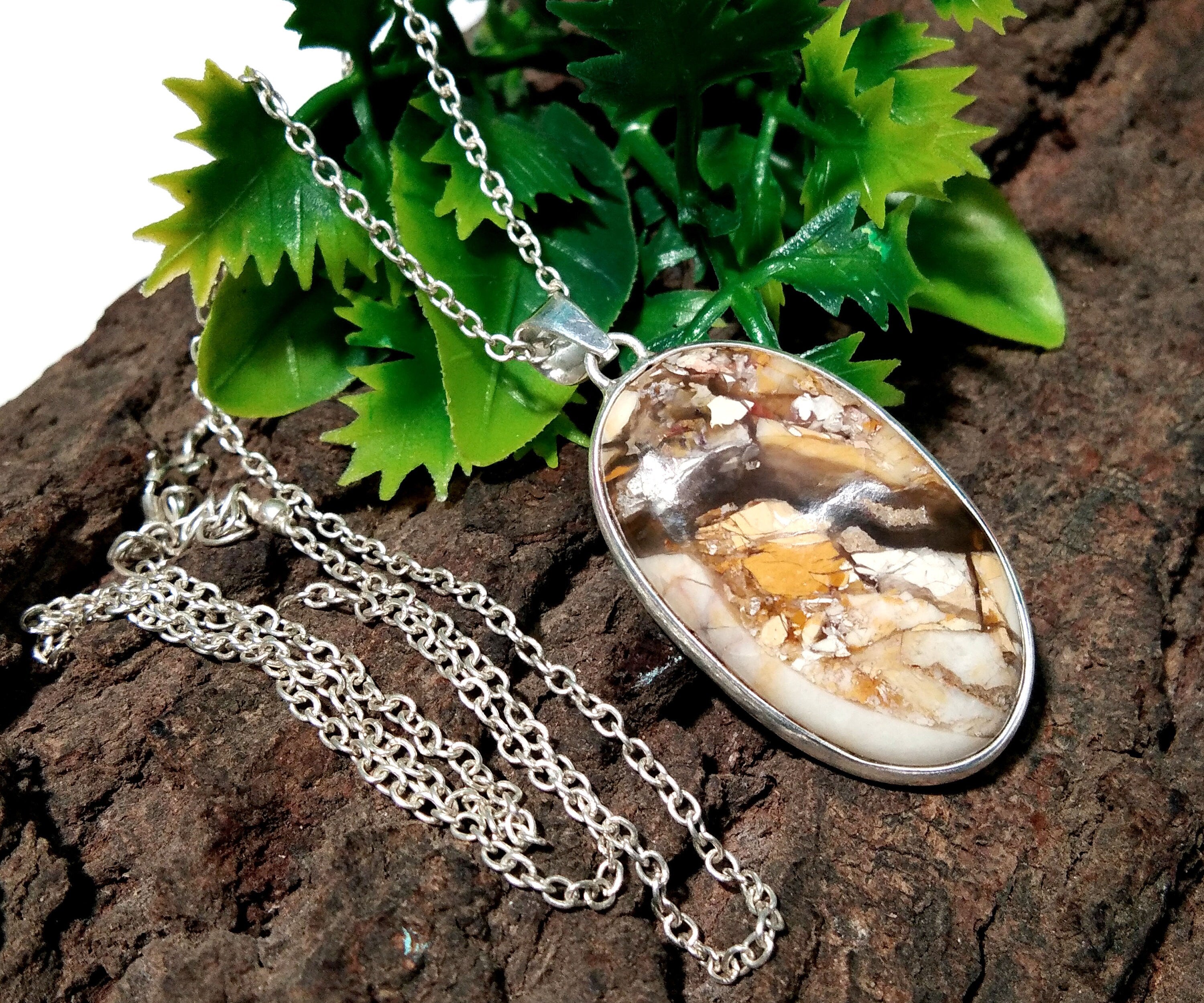 Natural Brecciated Mookaite Gemstone Pendant Chain Necklace, 925 Sterling Silver Pendant Jewelry Handmade Gift Easter Pendant Chain Necklace