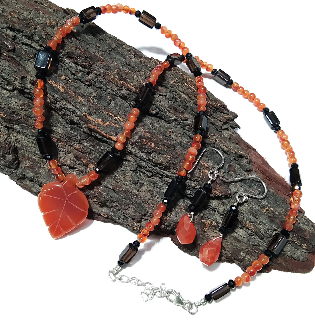 Natural Caroline /Black Onyx Beads Necklace Earring Jewelry Set, 925 Solid Sterling Silver Necklace Earring, Jewelry Gift For Girls & Women