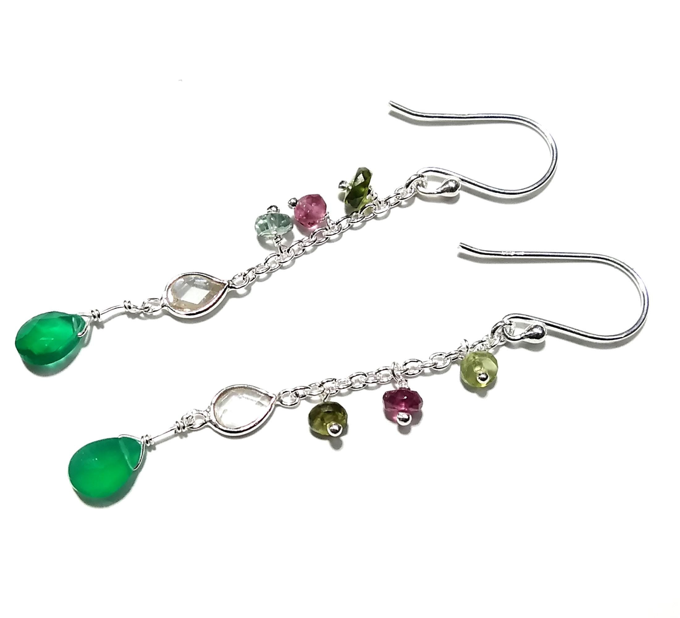 Natural Multi Tourmaline And Green Onyx Gemstone Earrings, 925 Sterling Silver Earring Handmade Making Jewelry Earring, For Girls & Women.