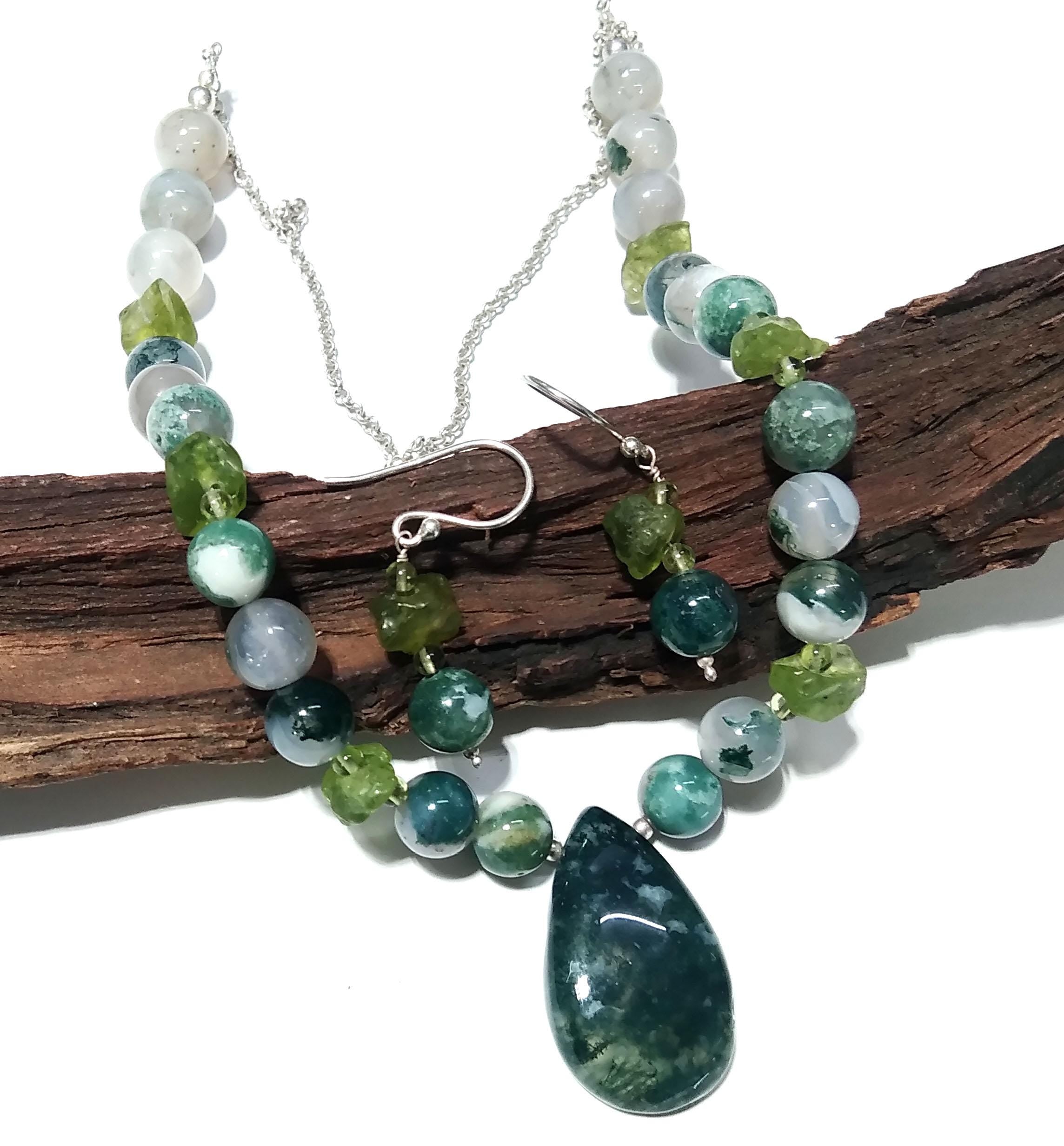 Fabulous Natural Moss Agate/Peridot Gemstone Beads Necklace Set Jewelry, 925 Sterling Silver Necklace Beaded Necklace Statement For Jewelry
