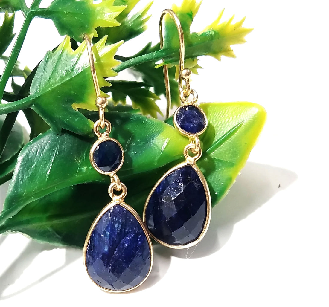 Natural Blue Sapphire Stone Earring, 925 Solid Starling Silver With Gold Plated Earring, Sapphire Stone Size 13x10 mm Gift Birthday Earring