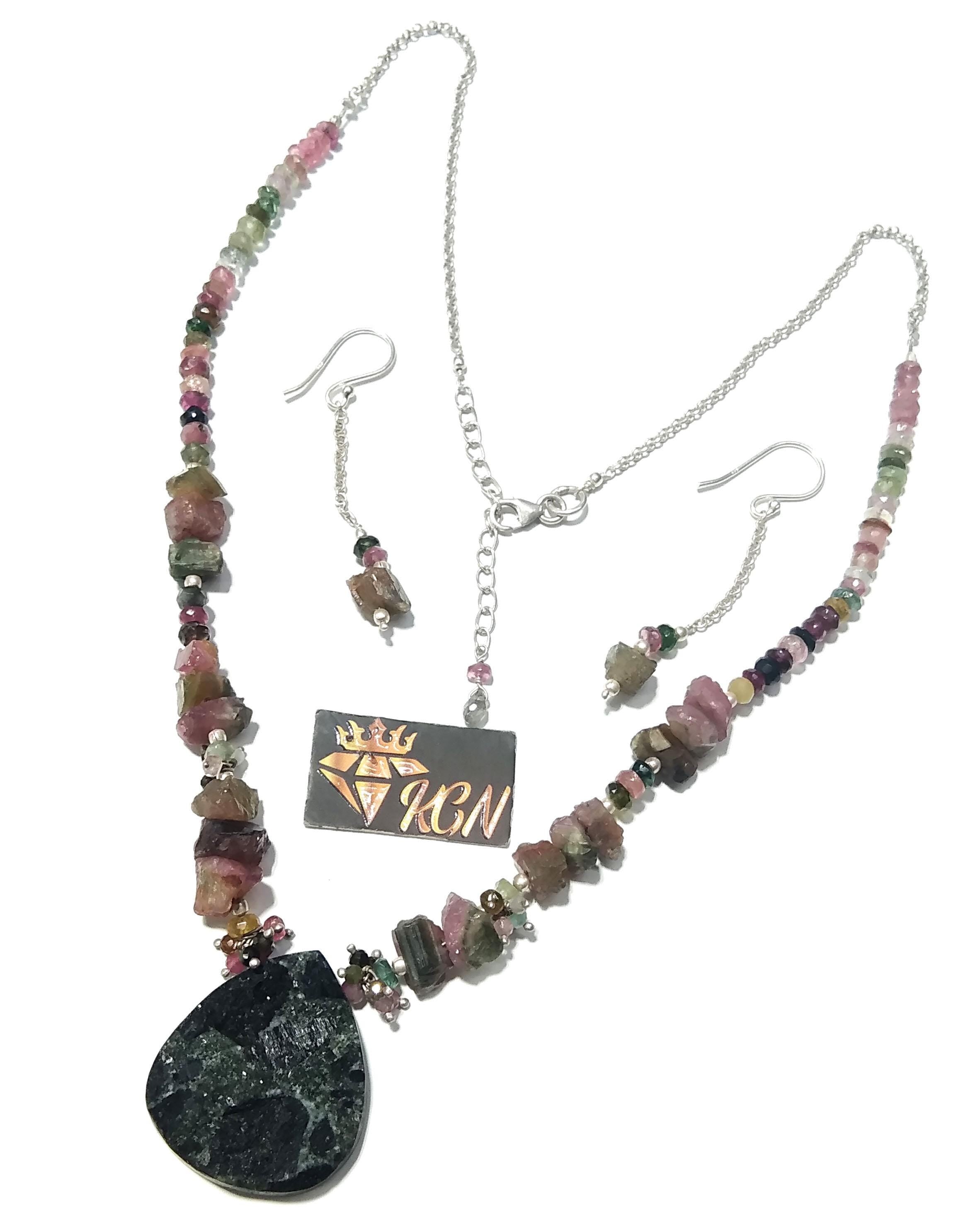 Natural Multi Tourmaline/Black Tourmaline Beads Necklace Set Jewelry, 925 Sterling Silver Necklace Beaded Necklace Statement Jewelry