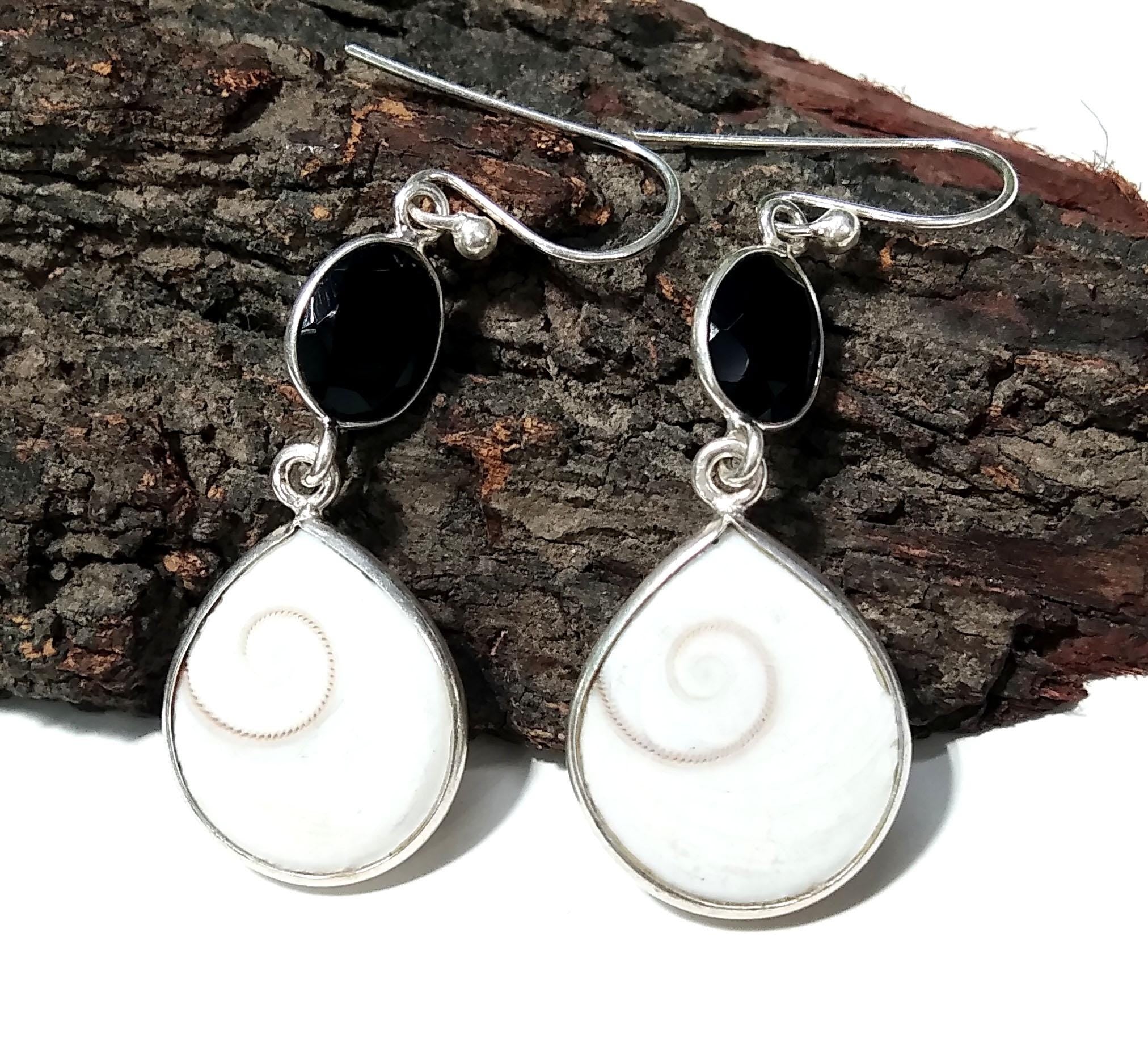 Natural Black Onyx/Shiva Eye Shell Stone Earring, 925 Starling Silver Earring, Beautiful Shiva Eye Shell Stone Size 17x15mm Gift Earring