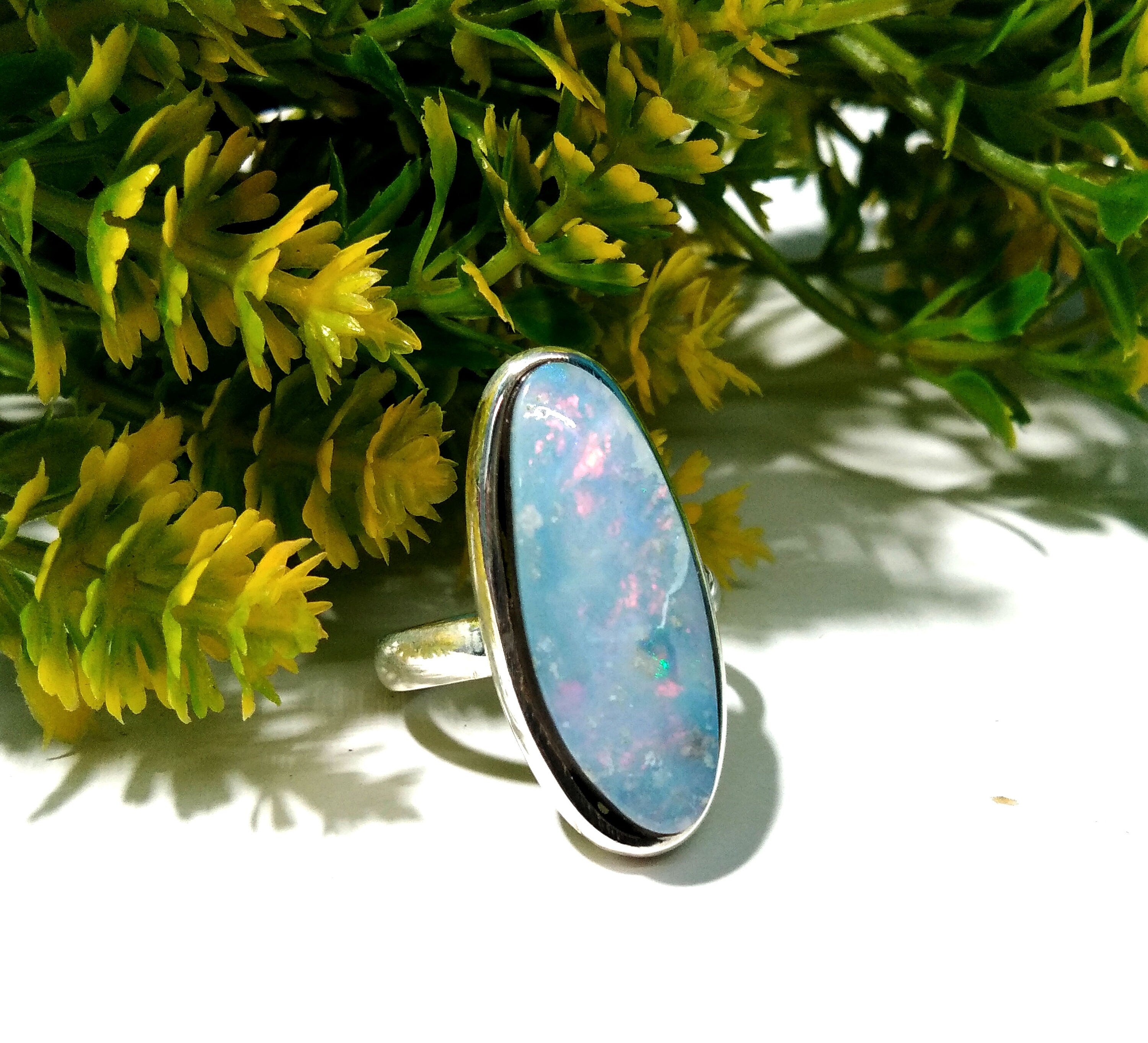 Australian Opal Doublet Multi Fire Ring, Solid 925 Starling Silver Ring, Jewelry Fancy Shape Stone Size 24x9 mm Opal Ring, Cabochon Rings