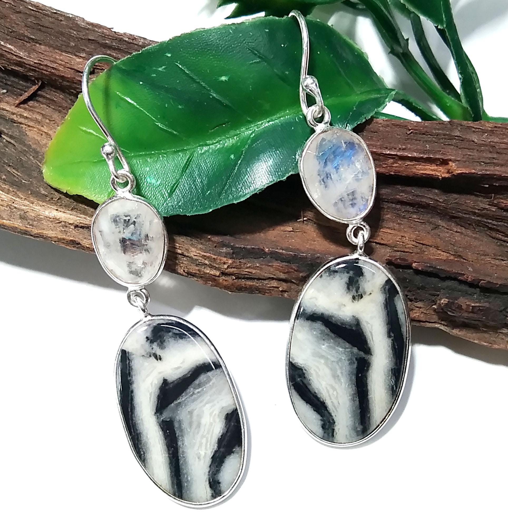 Natural Zebra Jasper And Rainbow Moonstone Earring, 925 Sterling Silver Earring, Jewelry Stone Size 23x14mm For Gift Anniversary Earring