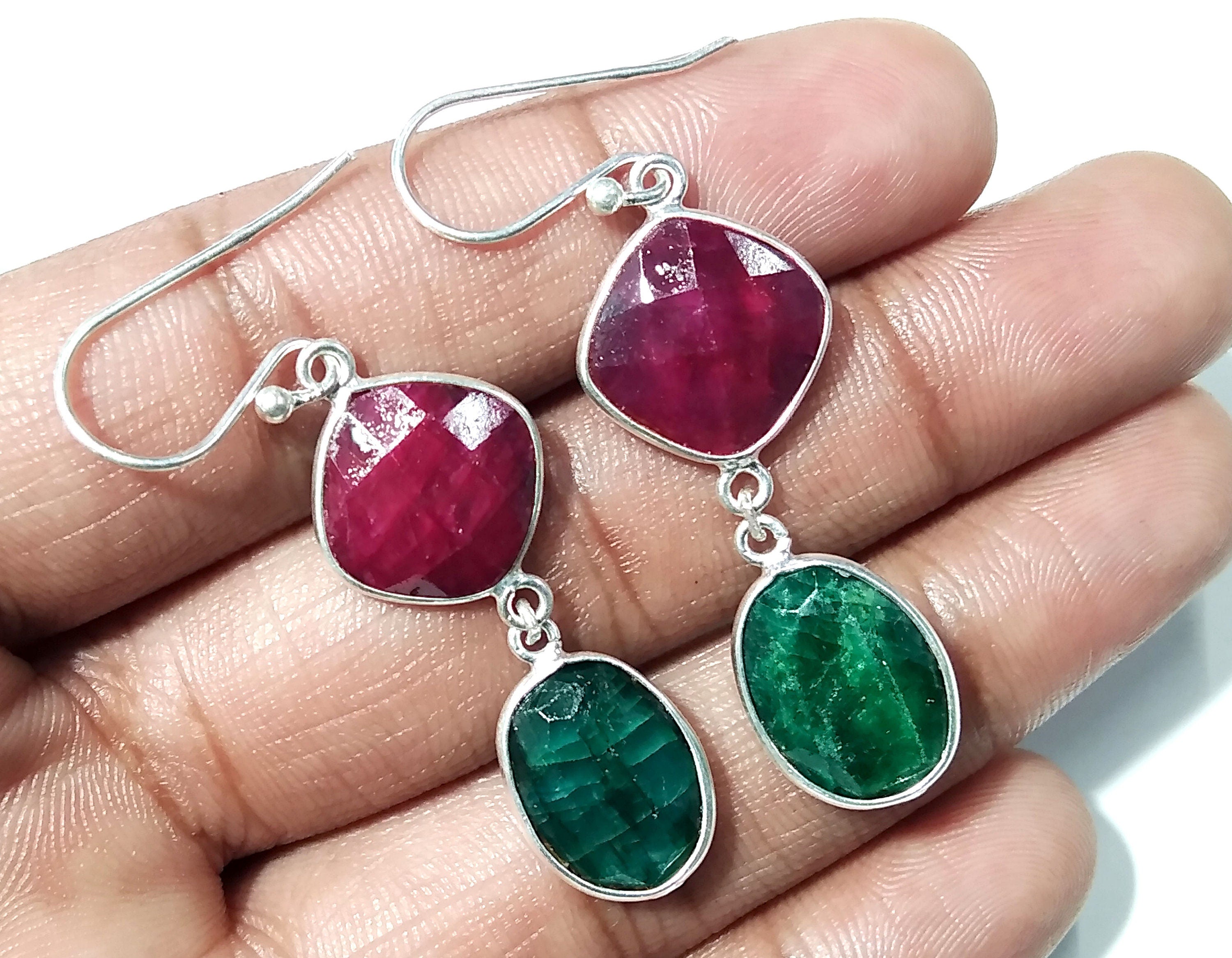 Natural Red Ruby/Emerald Stone Earring, 925 Solid Starling Silver Earring Gemstone, Gift Wedding Earring, Jewelry For Women's