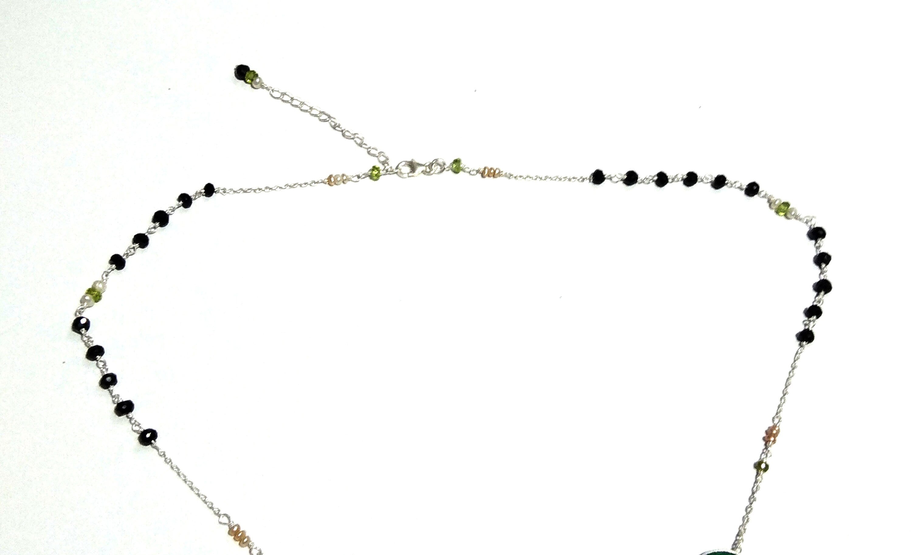 Natural Malachite Druzy Stone Black Spinel Beads Chain Necklace Pendant, 925 Starling Silver Chain Necklace, 31'Inche Color Green Malachite