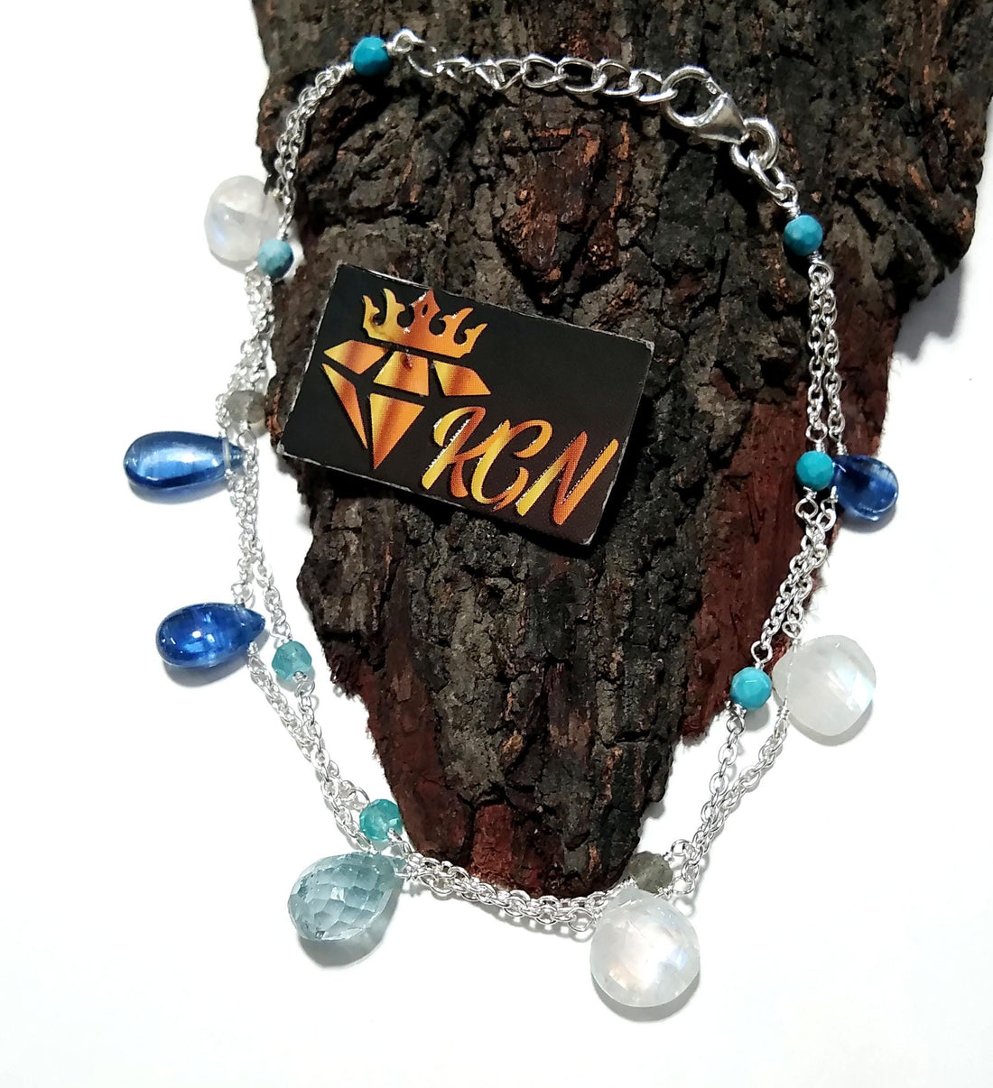 Blue Kyanite/Moonstone Bracelet, 925 Solid Sterling Silver Bracelet, Natural Rainbow Moonstone Adjustable Bracelet, 8 inches Gift Bracelet