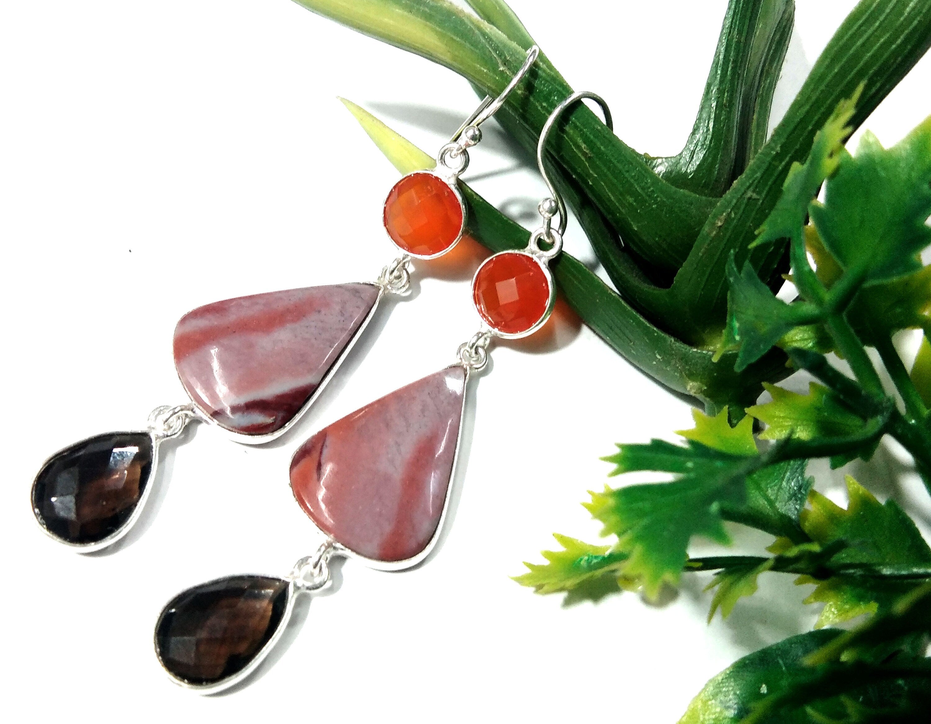 Natural Red Creek Jasper,Smoky Quartz & Carnelian Gemstone Earring, 925 Starling Silver Earring Handmade Jewelry, Gift Earring Jewelry Women