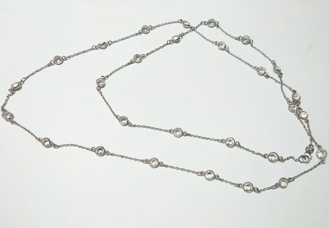 Natural White Topaz Stone Chain Necklace, Solid 925 Starling Silver Chain, 44''Inches Adjuster Beaded Chain Necklace Jewelry Making