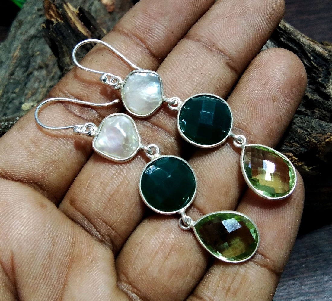 Natural Fresh Water Baroque Pearl/Green Onyx, Amethyst Stone Drop Earring, 925 Solid Starling Silver Earring, Gemstone Gift Birthday Earring