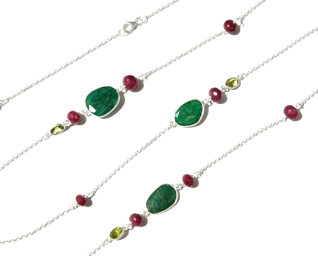 Log Chain Necklace Ruby Amazonite Peridot Green Onyx Stone Bezel & Beaded Necklace Chain 925 Starling Silver Necklace Chain 40 inche Chaine