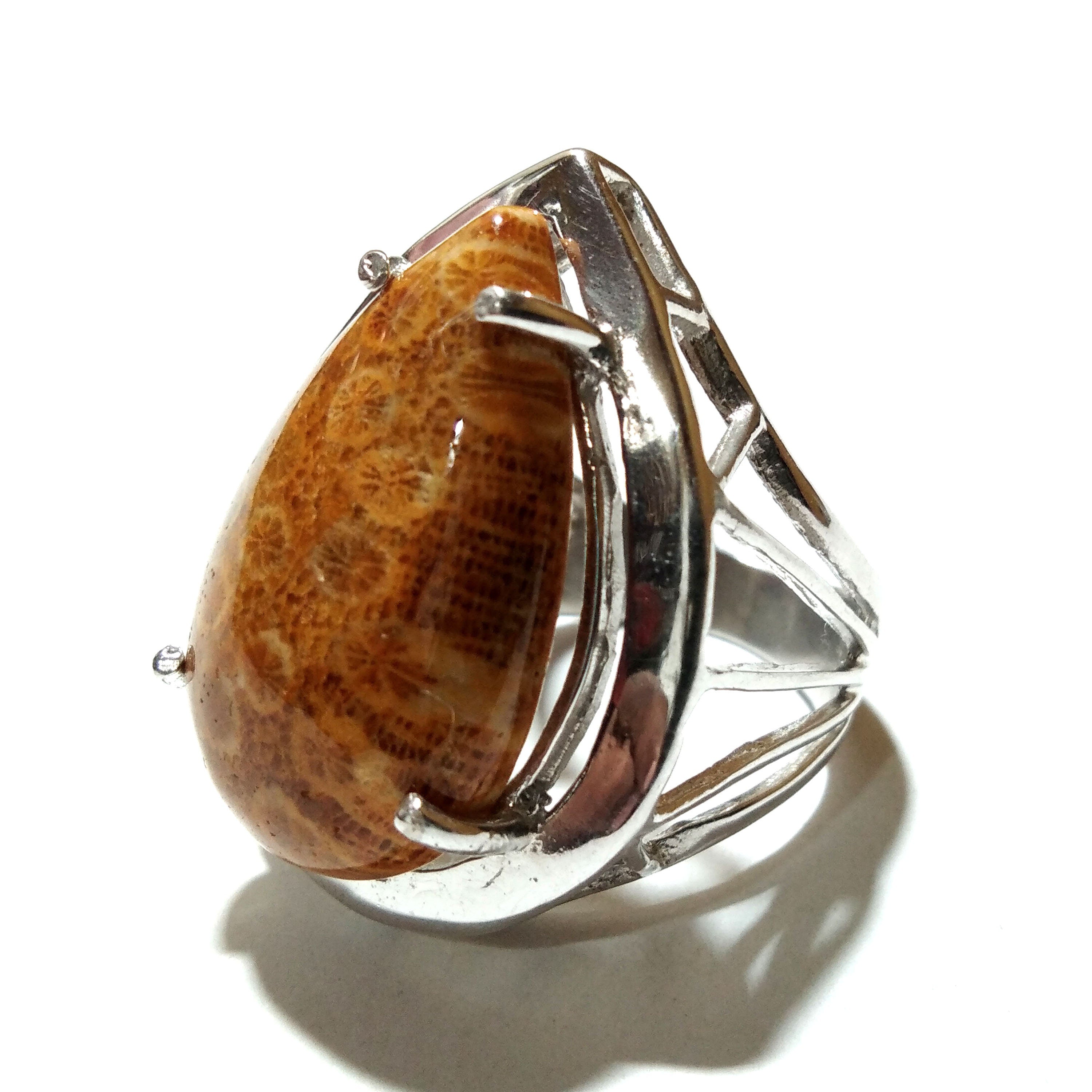 Designer Natural Fossil Coral Gemstone Pear Shape Ring, Solid 925 Sterling Silver Jewelry, Ring, Silver Band, Gift For Girls & Women. Ring