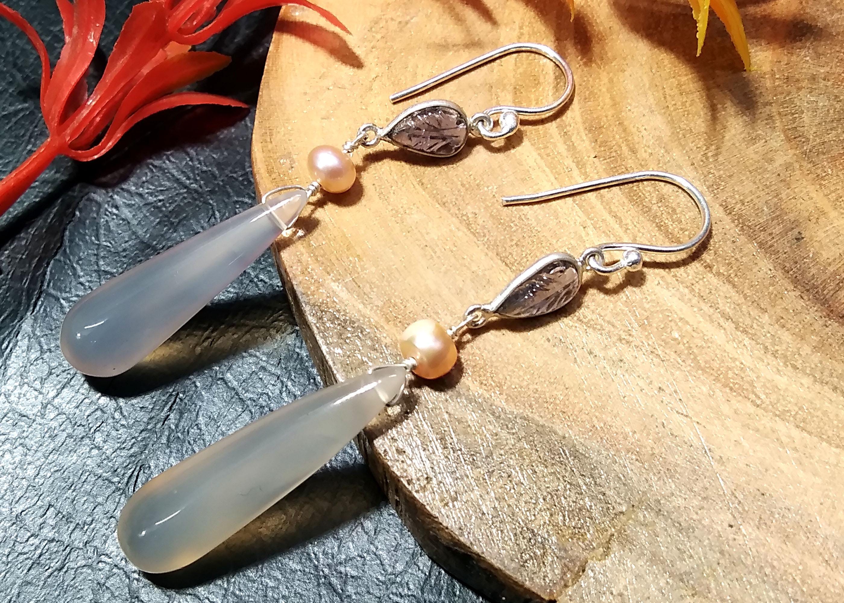Natural Chalcedony/Iolite Carving & Pearl Gemstone Earring, 925 Starling Silver Earring Handmade Silver Jewelry Stone Earring Gift Birthday