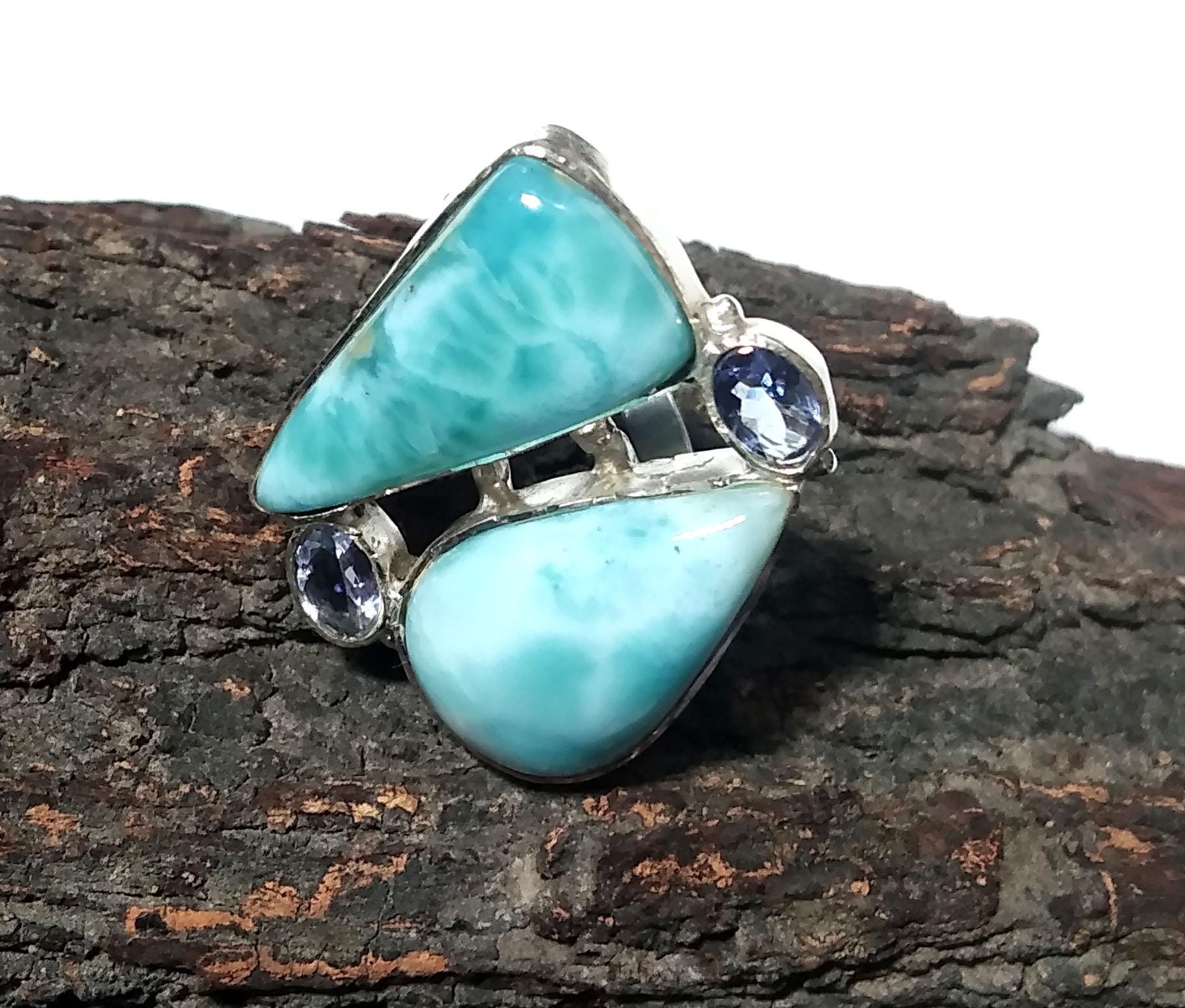 Natural Larimar & Tanzanite Faceted Gemstone Ring, 925 Solid Sterling Silver Jewelry Stone Ring, Handmade Jewelry, Gift Item For Girls/Women
