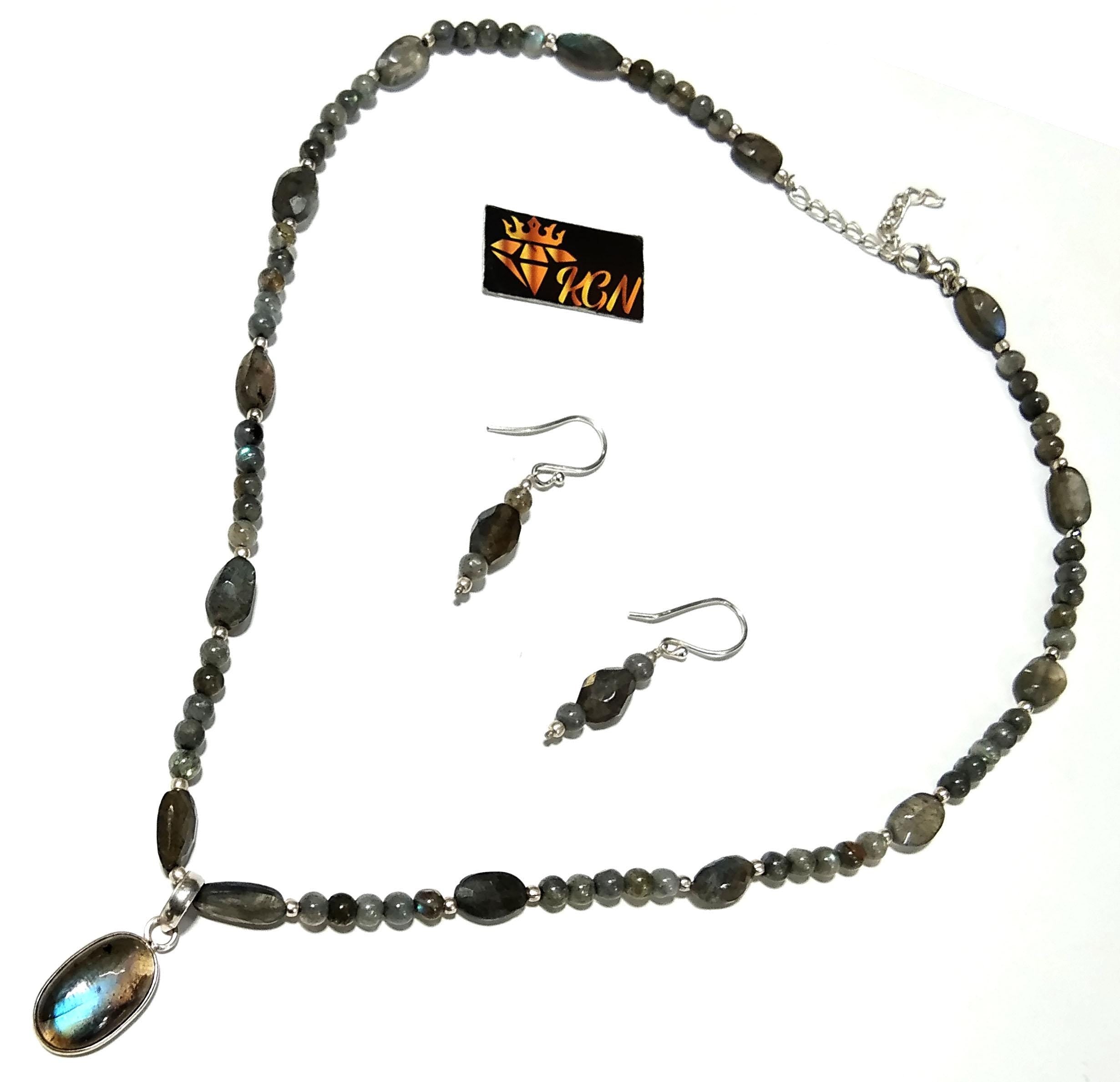 Natural Labradorite Gemstone Beads Necklace Earring Jewelry Set, 925 Sterling Silver Necklace Earring, Handmade Jewelry Gift For Women