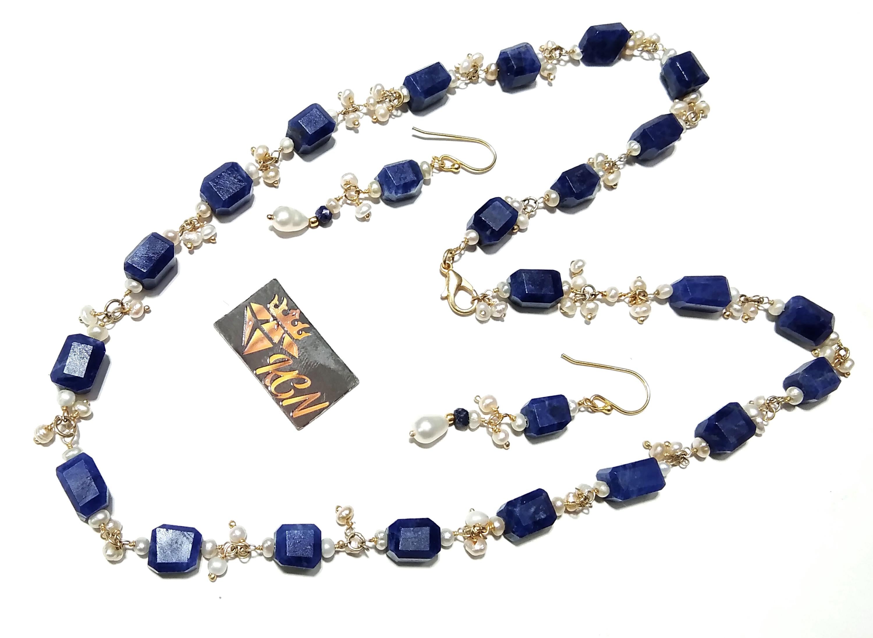 Natural Sodalite, Pearl Gemstone Necklace Earring Jewelry Set, 925 Solid Sterling Silver With Gold Plated Necklace Earring, Necklace Set