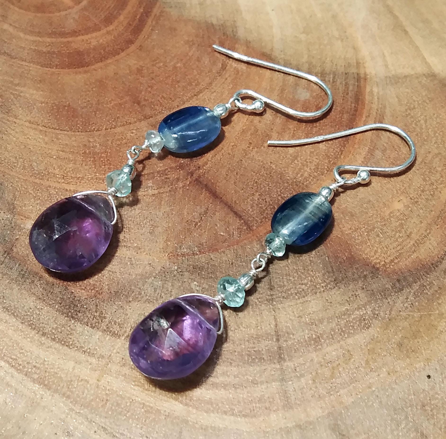 Natural Kyanite/Amethyst Earrings, 925 Solid Starling Silver Earring, Amethyst Stone Handmade Earring, Gift Women Bridesmaid Earring Stone