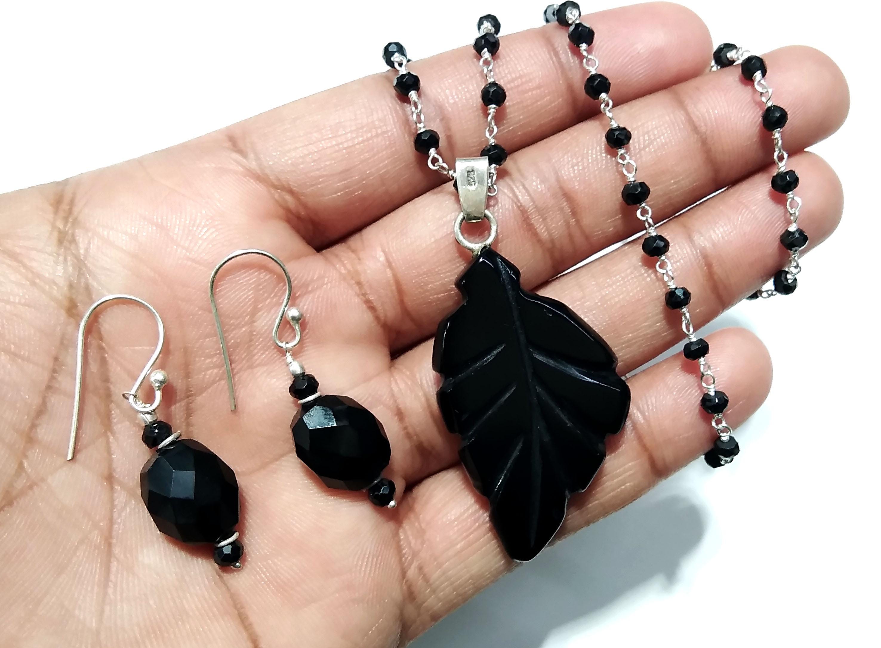Natural Black Onyx Beads Necklace Earring Jewelry Set, 925 Solid Sterling Silver Necklace Earring, Jewelry Gift For Girls & Women.