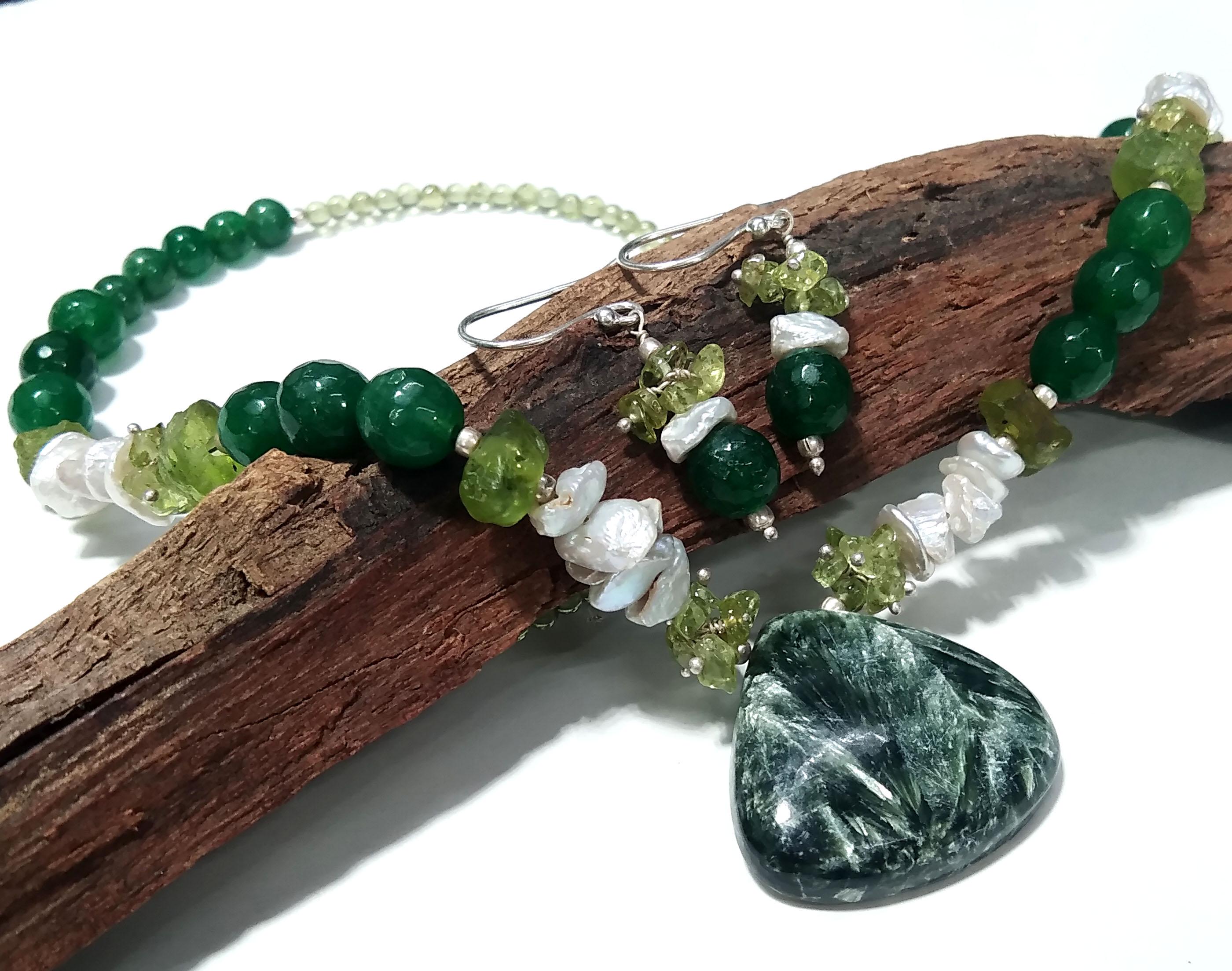 Natural Seraphinite/Peridot/Green Jade Gemstone Beads Necklace Set, Jewelry 925 Sterling Silver Necklace, Beaded Necklace Statement Jewelry