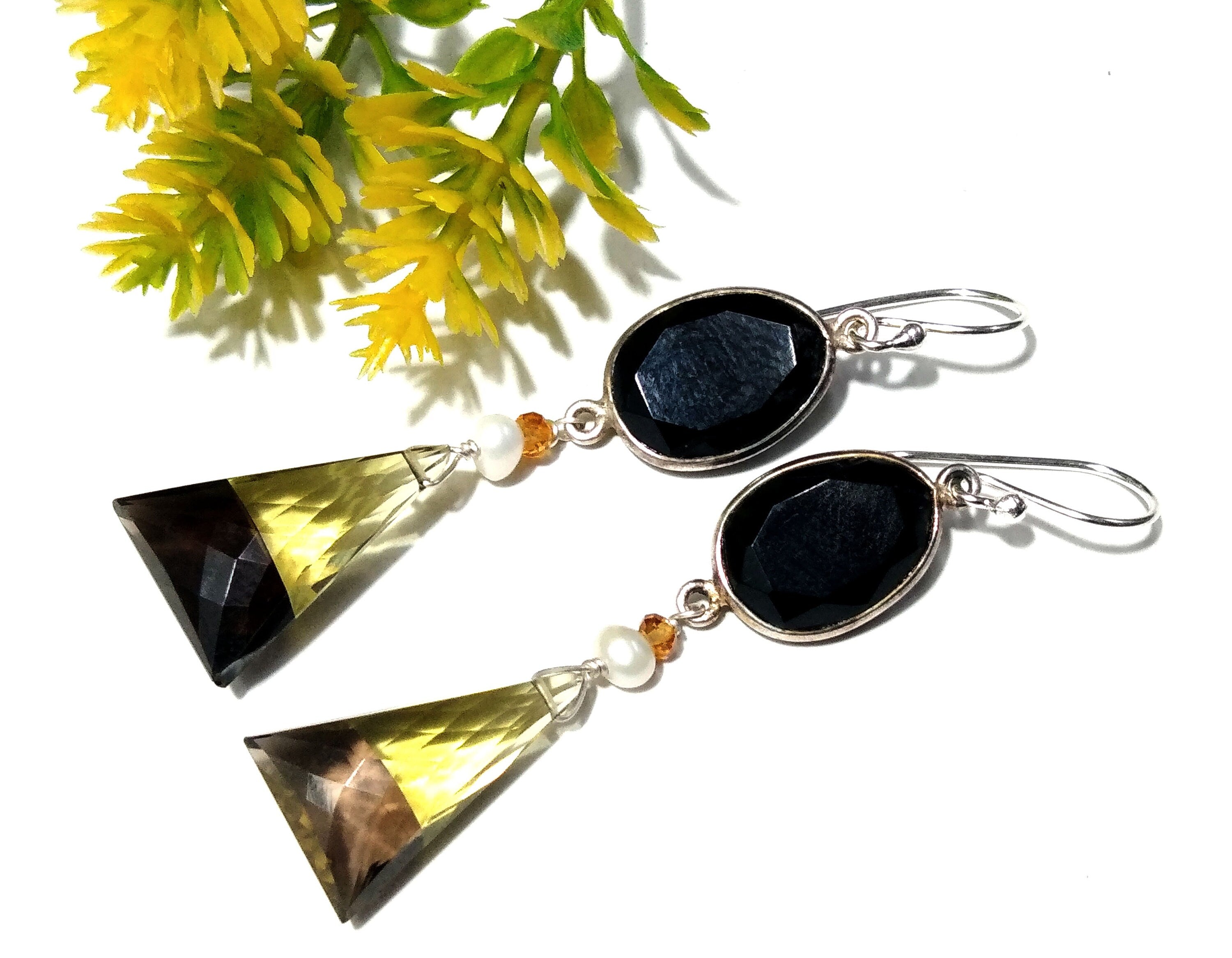 Natural Doublet Gemstone Lemon & Smoky Quartz Multi Stone Earrings, With 925 Starling Silver Jewelry Earring, For Gifts Girls/Women