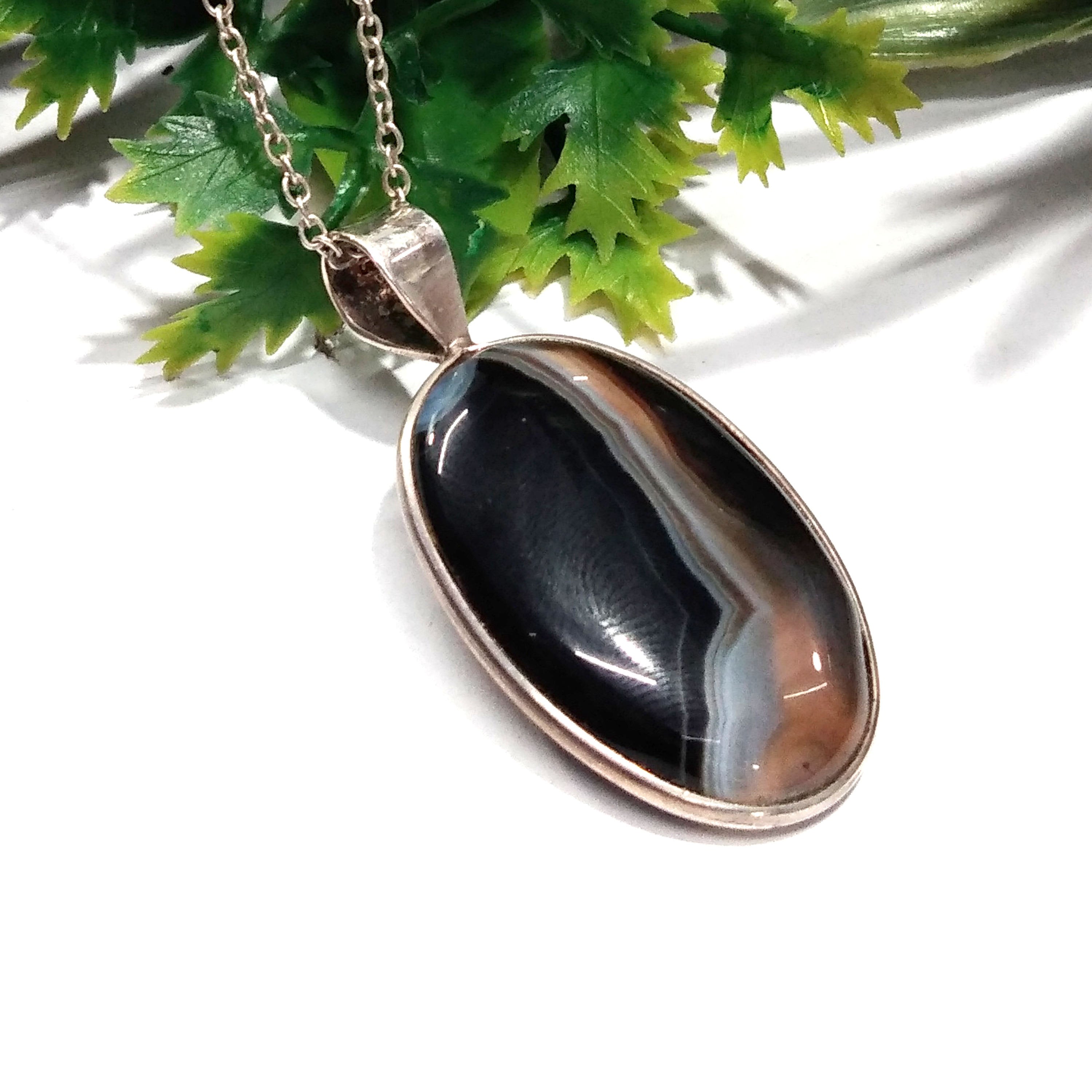 Genuine Black Banded Agate Pendant, 925 Starling Silver Pendant Chain Necklace, Black Banded Agate Gemstone Necklace, Handmade Gift Pendant