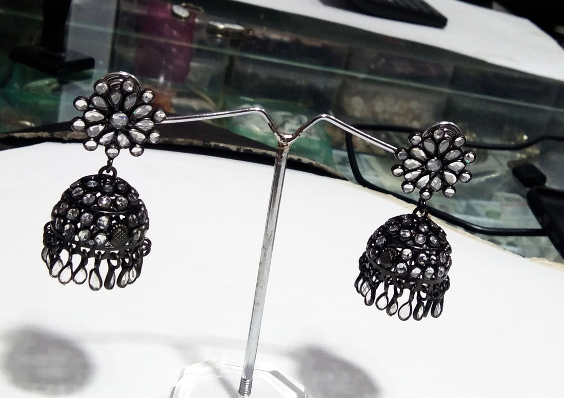 Natural White Zircon Jhumka Earrings, 925 Solid Starling Silver Black Plated Jhumka Earring, Rajasthani style jumka Earrings, Gift Earring