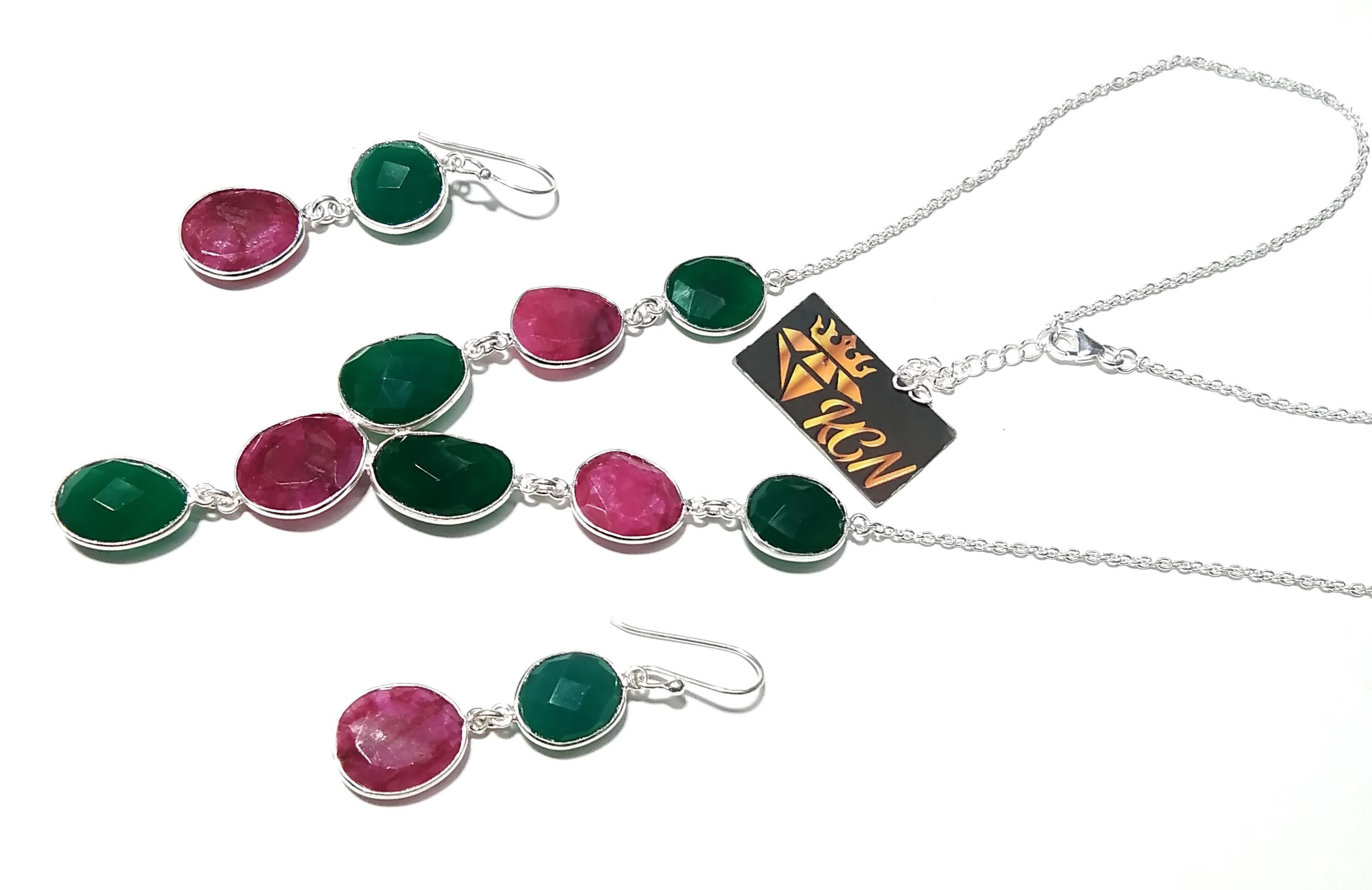 Natural Green Onyx & Red Ruby Necklace and Earring Jewelry Set, 925 Sterling Silver Necklace Earring Jewelry, Gift For Women Birthstone