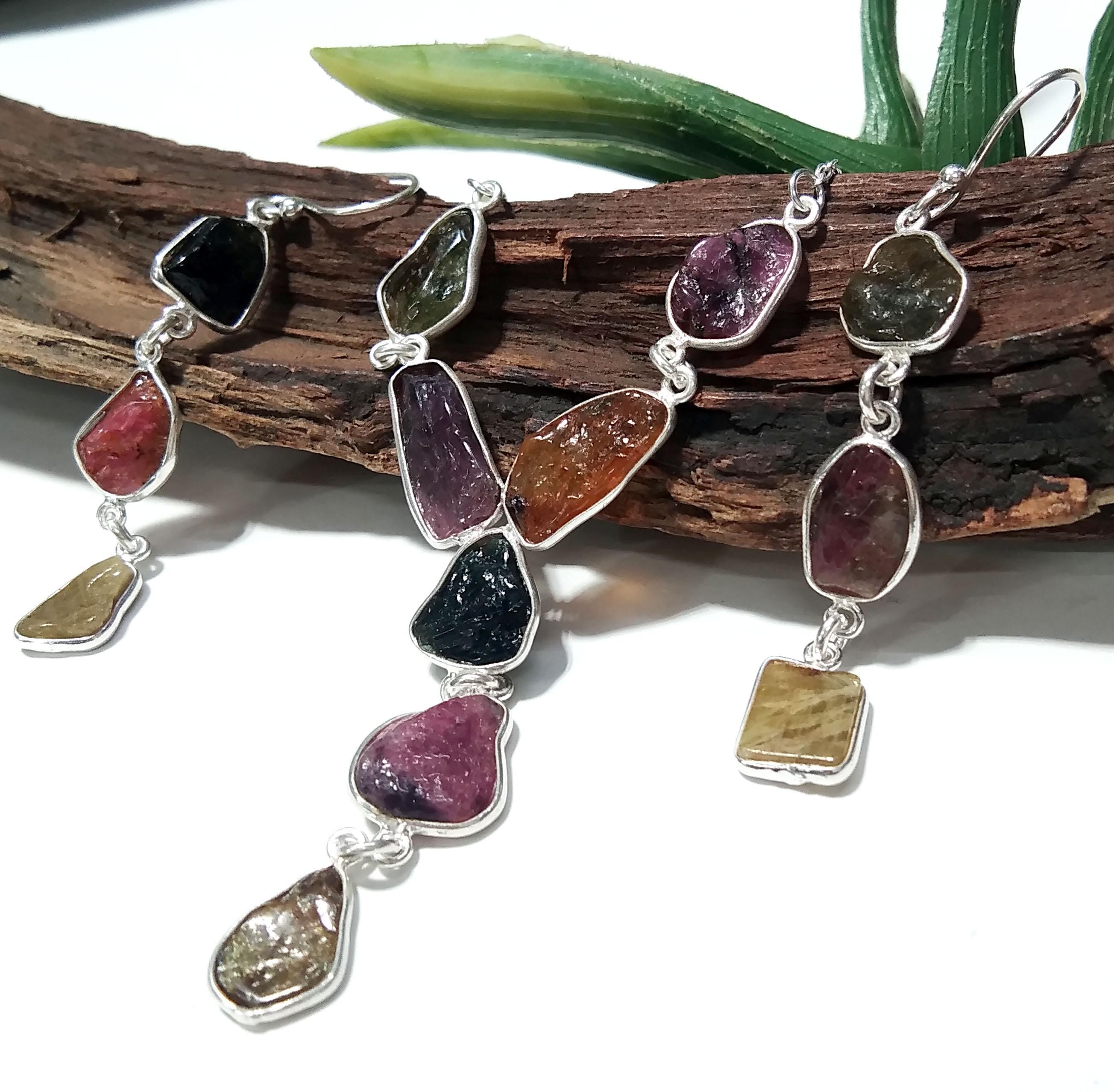 Natural Multi Tourmaline Gemstone Necklace Earring Jewelry Set, 925 Sterling Silver Necklace Earrings Jewelry, Gift For Her May Birthstone