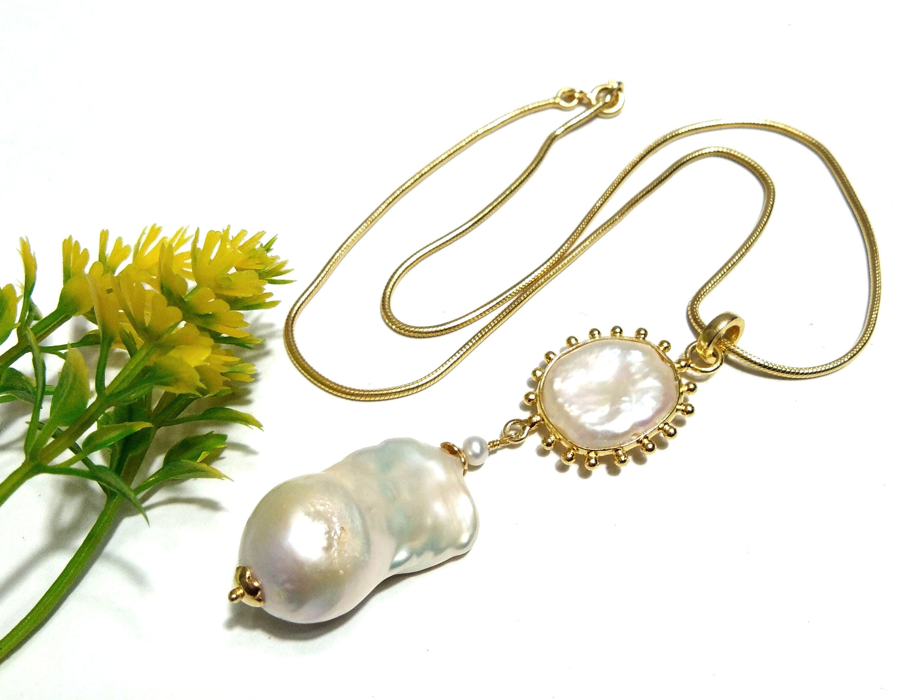 Natural Fresh Water Baroque Pearl Gemstone Chain Necklace Pendant, 925 Starling Silver Gold Plated Chain Necklace 18''Inche Gift Necklace