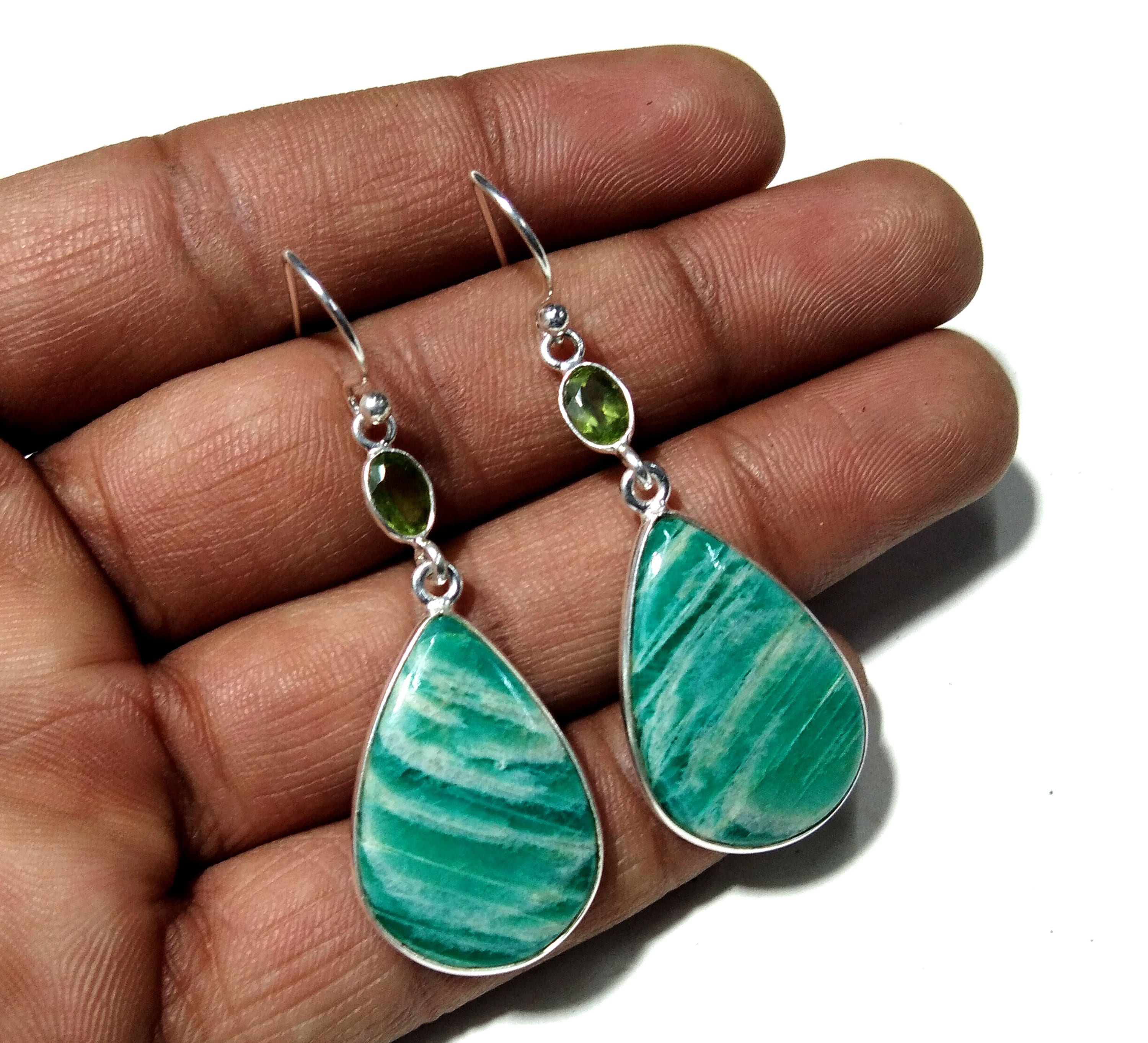 Natural Amazonite/Peridot Earring, Teardrop Amazonite Earring, 925 Silver In Gemstone Earring, Handmade Jewelry, Birthday Gift, Mother Gift