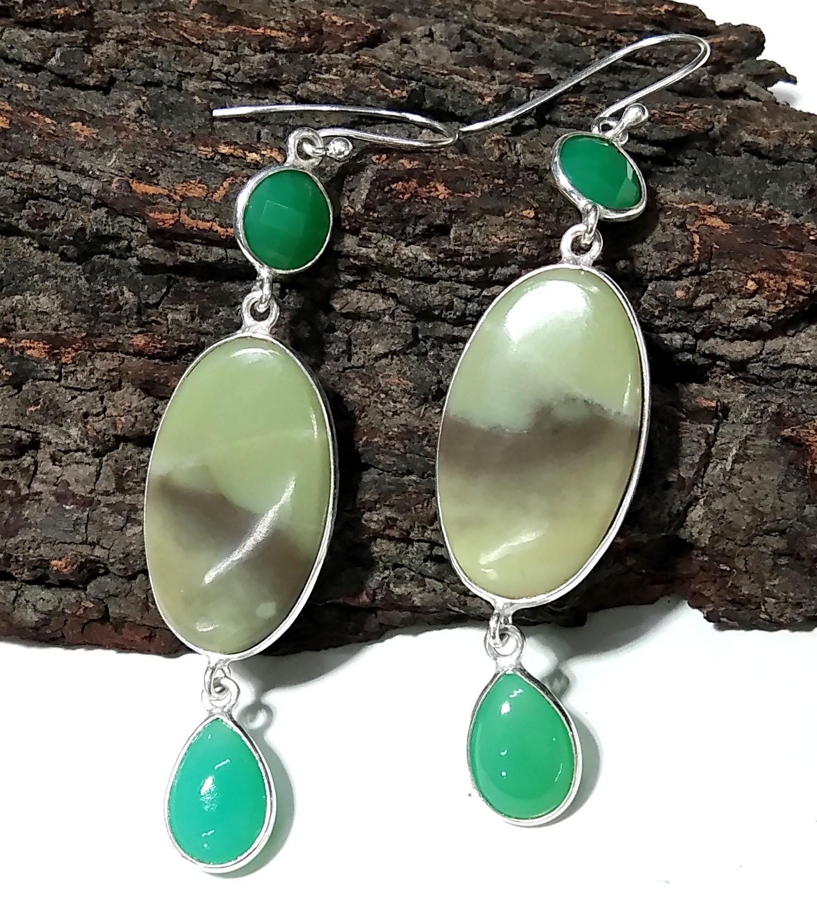 Green Serpentine,Chrysoprase Stone Drop Earring, 925 Starling Silver Earring, Amazing Quality Green Serpentine Earring, For Girls/Women