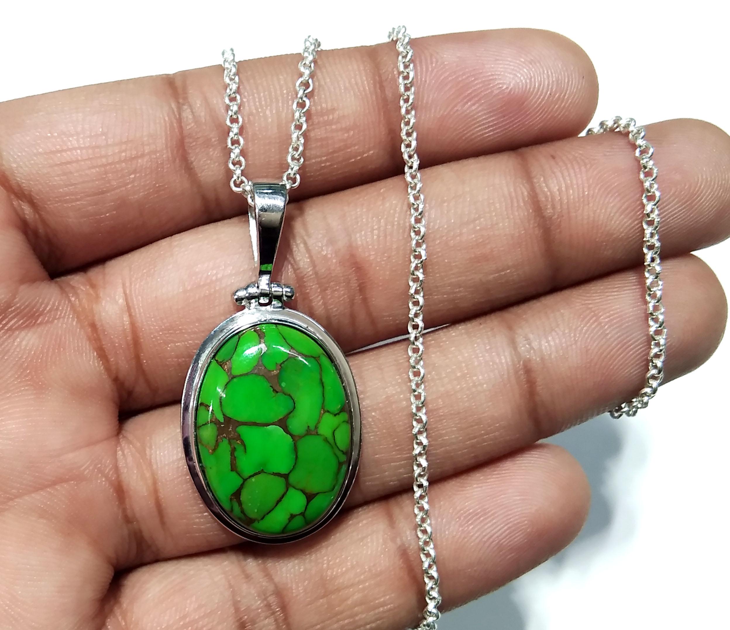 Natural Green Copper Turquoise Pendant Chain Necklace, 925 Starling Silver Pendant, Nice Green Color Pendant, Gift Wedding Pendant Jewelry