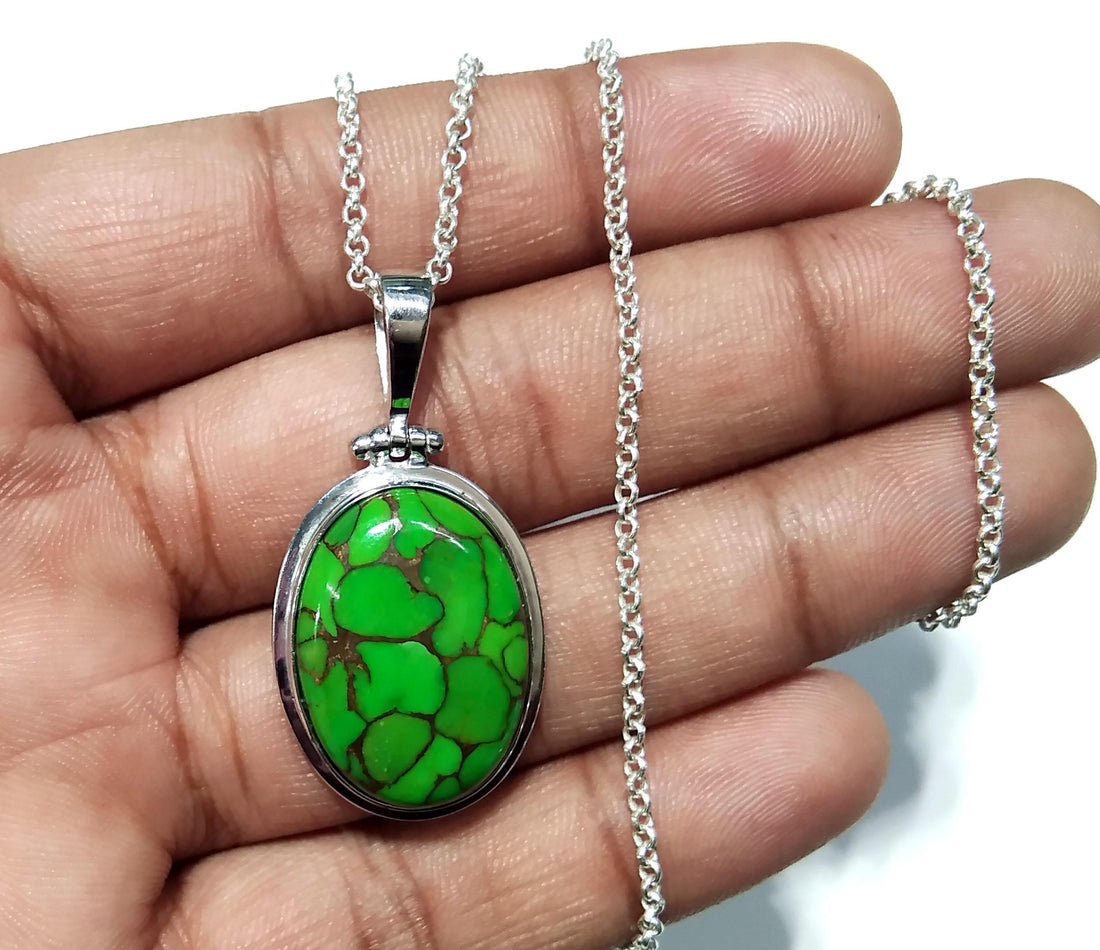 Natural Green Copper Turquoise Pendant Chain Necklace, 925 Starling Silver Pendant, Nice Green Color Pendant, Gift Wedding Pendant Jewelry