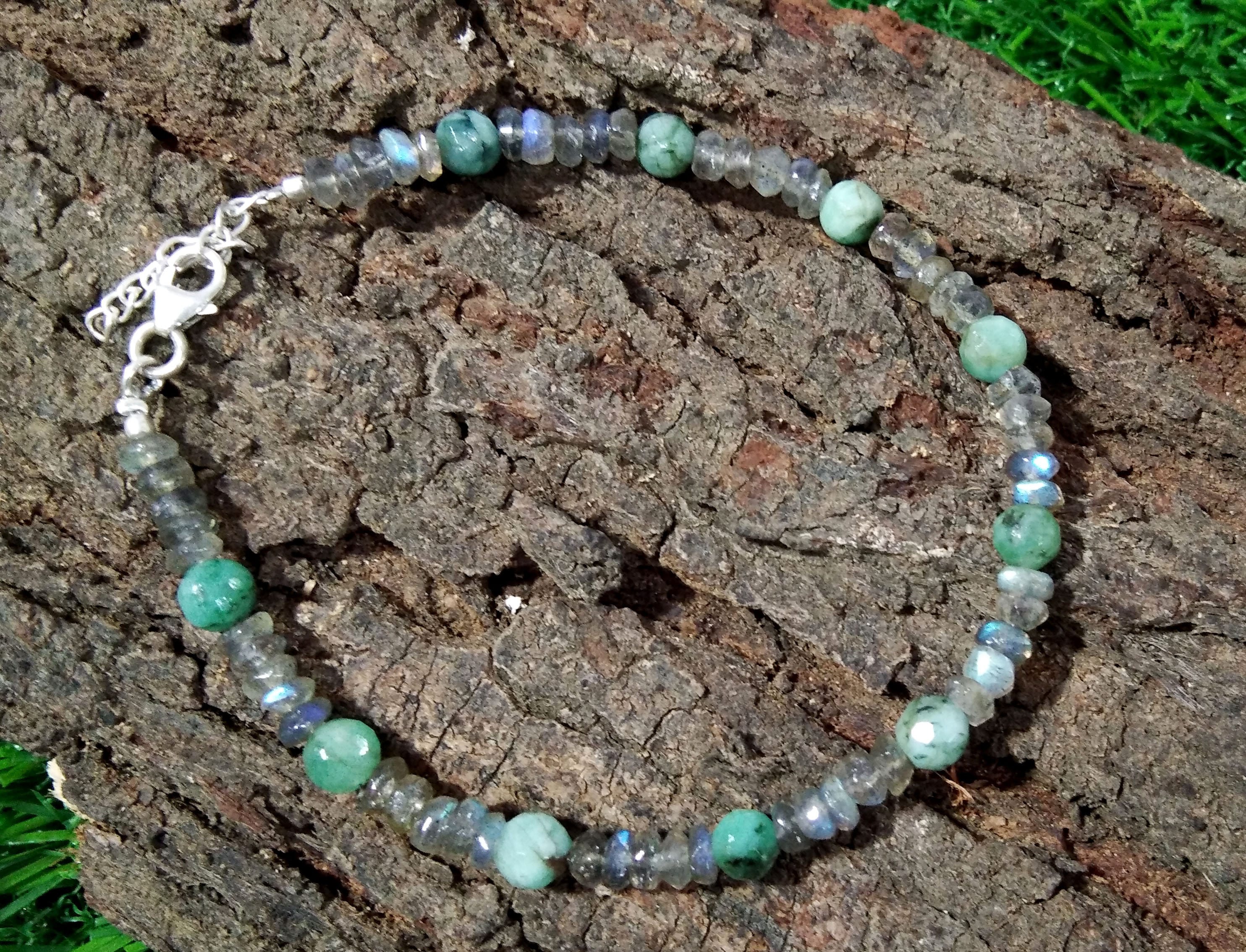 Natural Labradorite & Emerald Gemstone Bracelets With 925 Sterling Silver, Gemstone Beaded Adjustable Bracelets Gift for Girls/Women