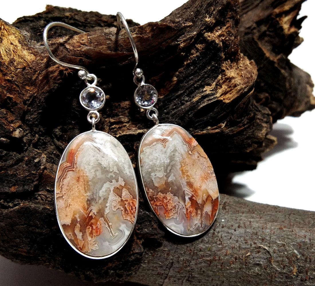 Natural Crazy lace Agate/White Topaz Stone Earring, 925 Solid Starling Silver Earring Oval Shape Stone Size 25x17mm Gift Girls/Women Earring