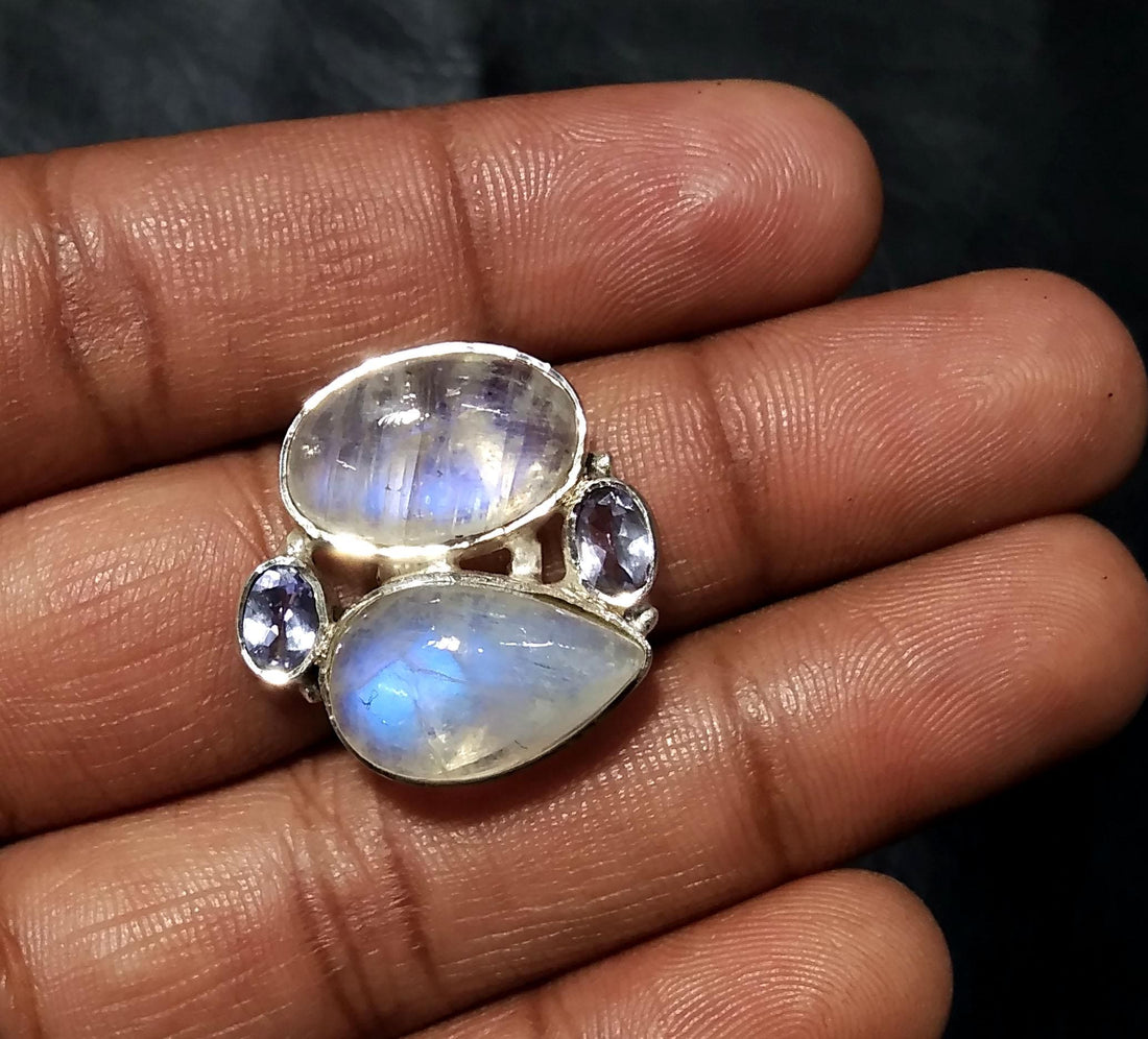 Natural Rainbow Moonstone/Tanzanite Gemstone Ring, 925 Solid Sterling Silver Ring, Stone Size 16x10 mm Handmade Gift Ring, Birthday Ring
