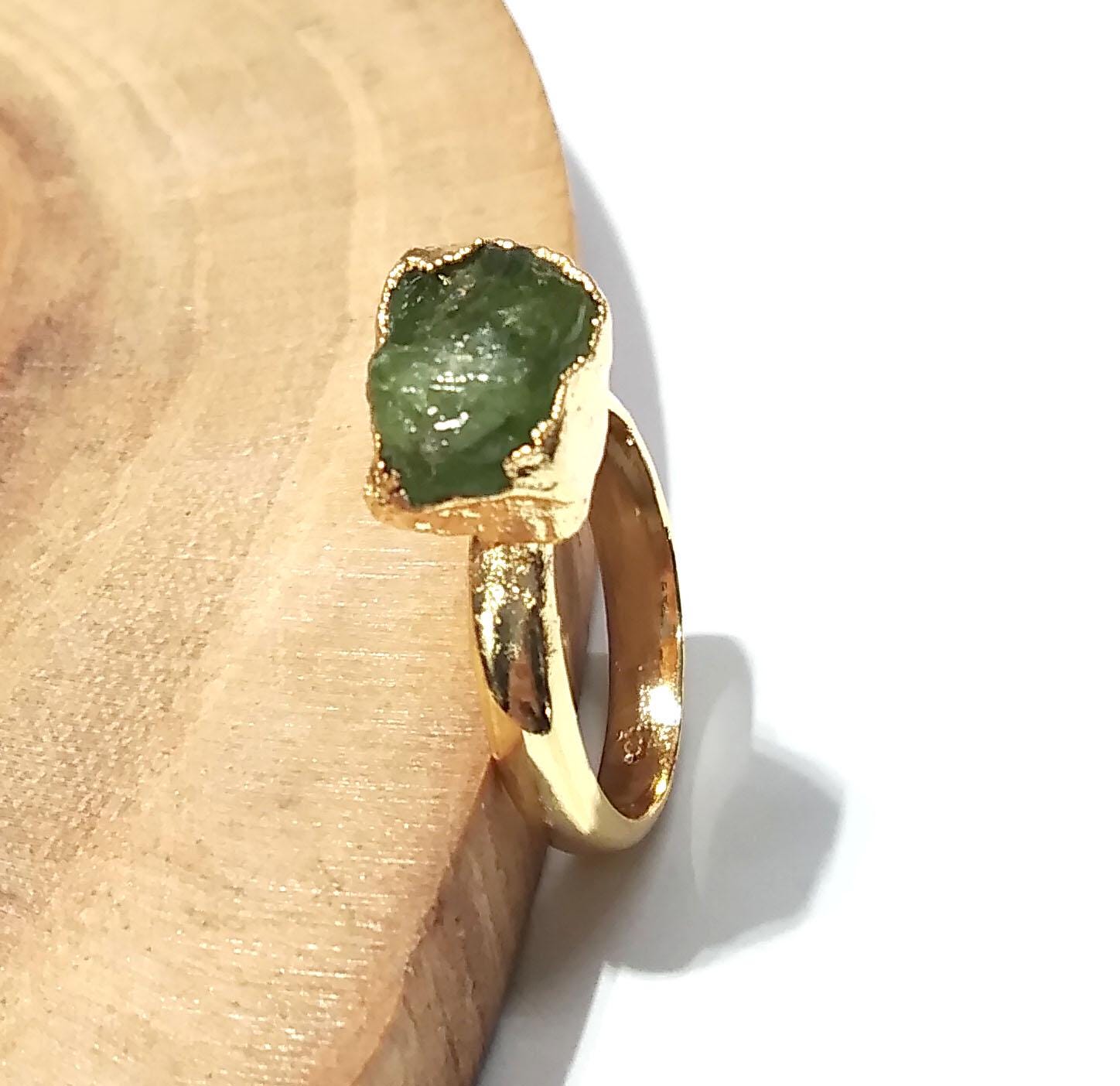 Peridot Raw Gemstone Ring, Solid 925 Sterling Silver Gold Plated Ring, Natural Peridot Rough Ring, Stone Size 12x8 mm Handmade Gift Ring