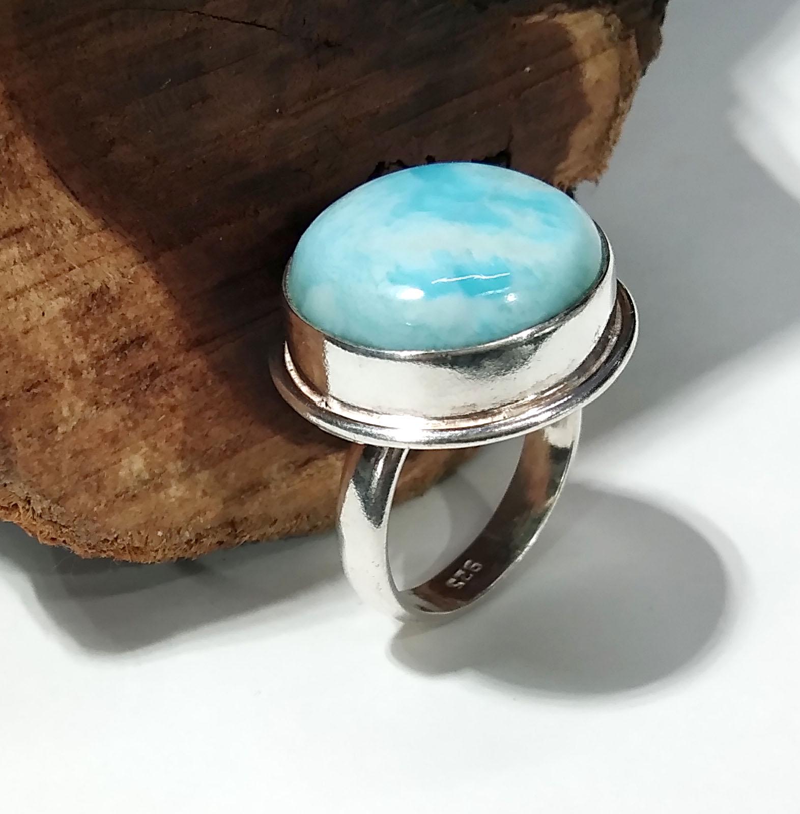 Natural Larimar Gemstone Ring, 925 Solid Starling Silver Ring Jewelry, Round Shape Stone Size 18x18 mm Handmade Silver Jewelry Ring