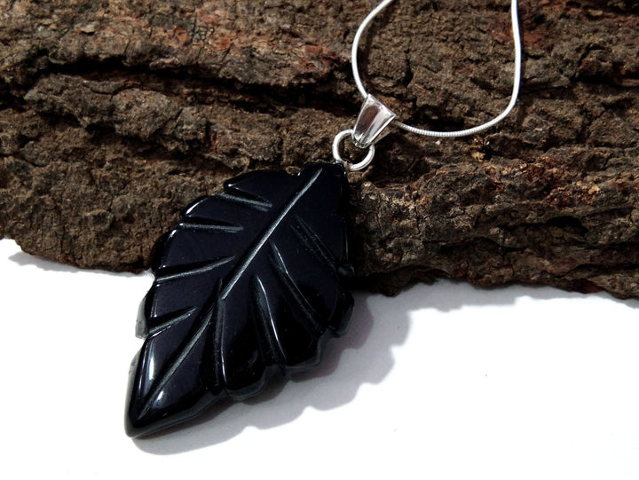 Natural Black Onyx Leaf Carving Pendant, 925 Starling Silver Chain Necklace Pendant, Amazing Genuine Necklace Jewelry For Girls & Women Gift