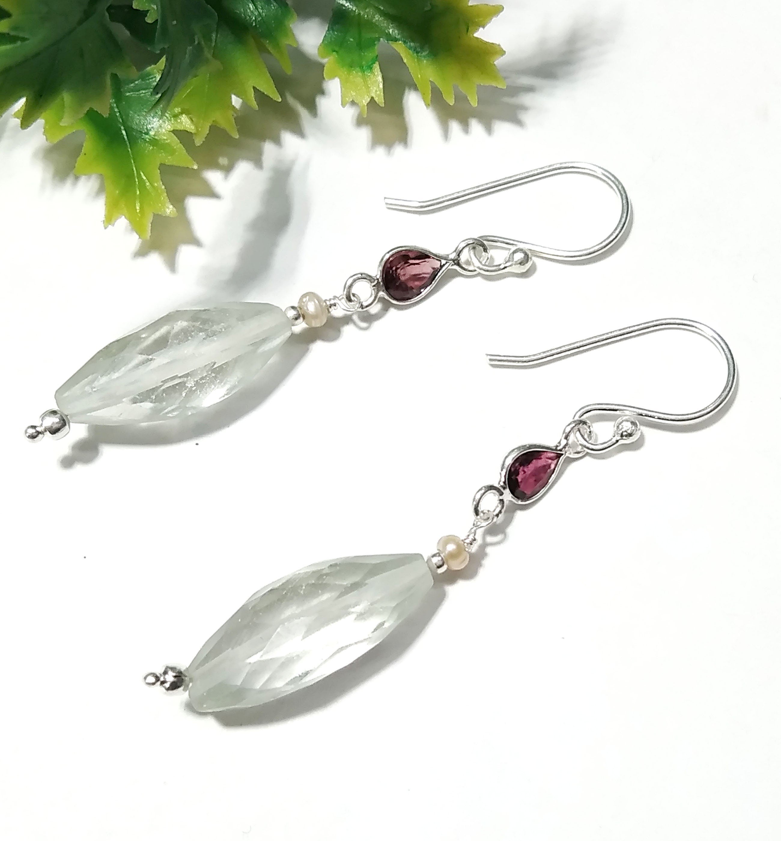 Natural Green Amethyst/Garnet Gemstone Drop Earring, 925 Solid Starling Silver Earring, Stone Size 19x7 mm Gift Birthday Earring Jewelry