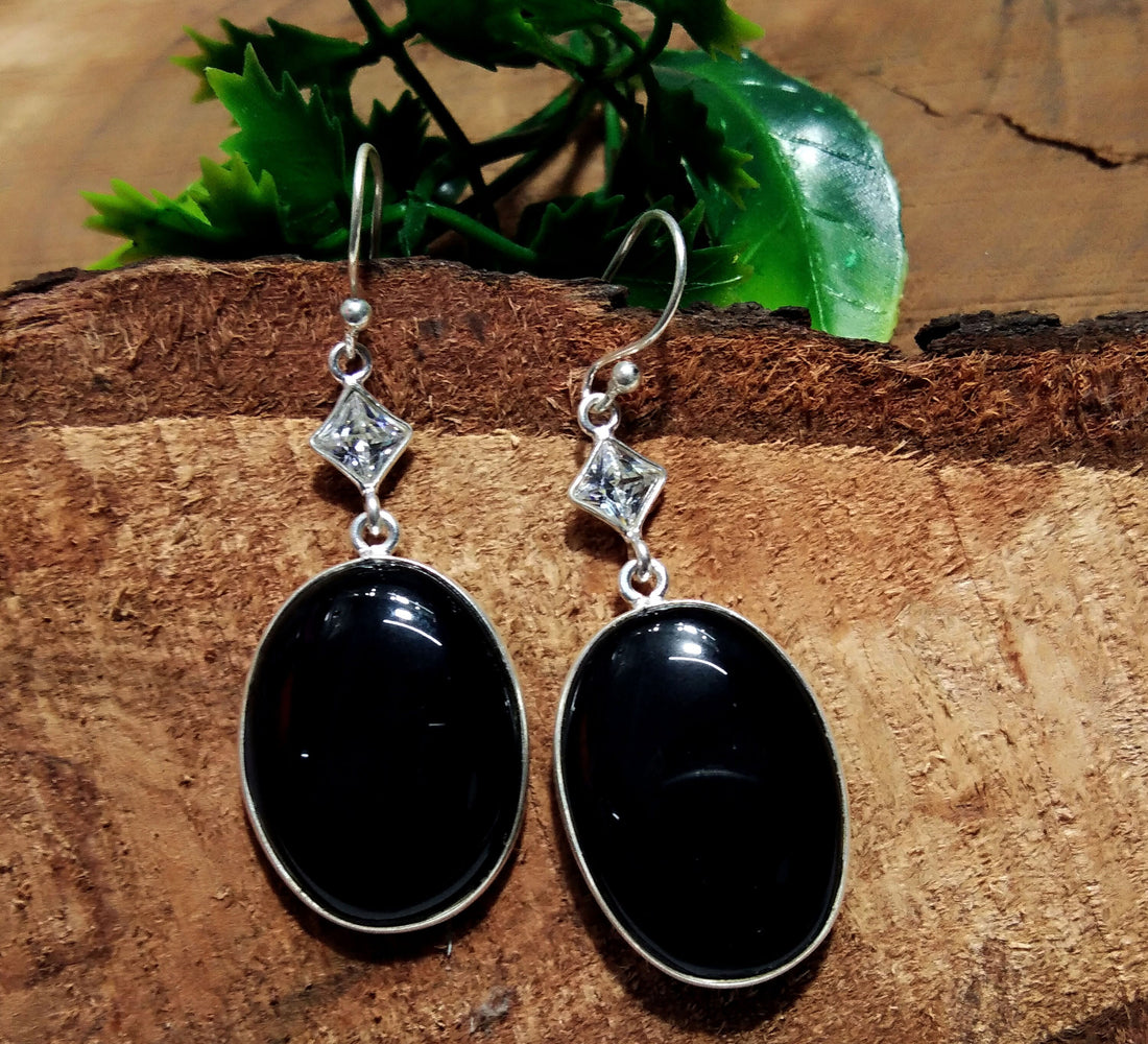 Black Onyx,Zircon Gemstone Earring, 925 Sterling Silver Earring Handmade Jewelry, Onyx Stone Size 26x18mm Earring Women Jewelry Gift For Her