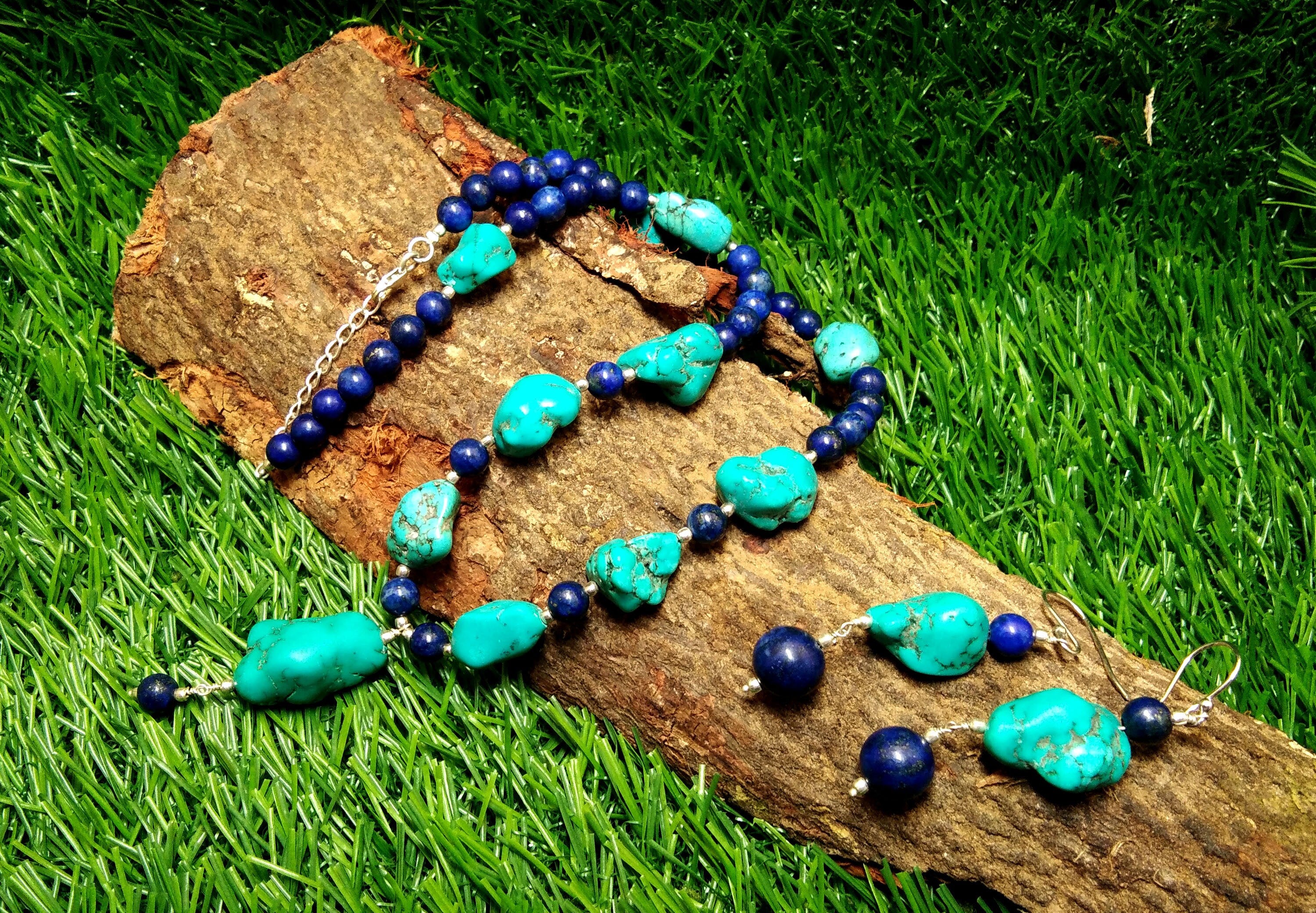 Long Natural Turquoise Rough Gemstone Necklace and Earring, Top Color Dark Blue Lapis Lazuli 925 Sterling Silver Handmade Jewelry Gift Women