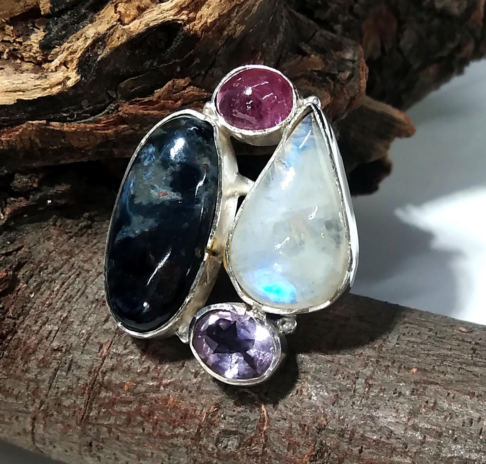 Pietersite,Rainbow Moonstone,Ruby And Amethyst Multi Stone Ring, 925 Solid Sterling Silver Jewelry, Natural Gemstone Ring, Handmade Jewelry.