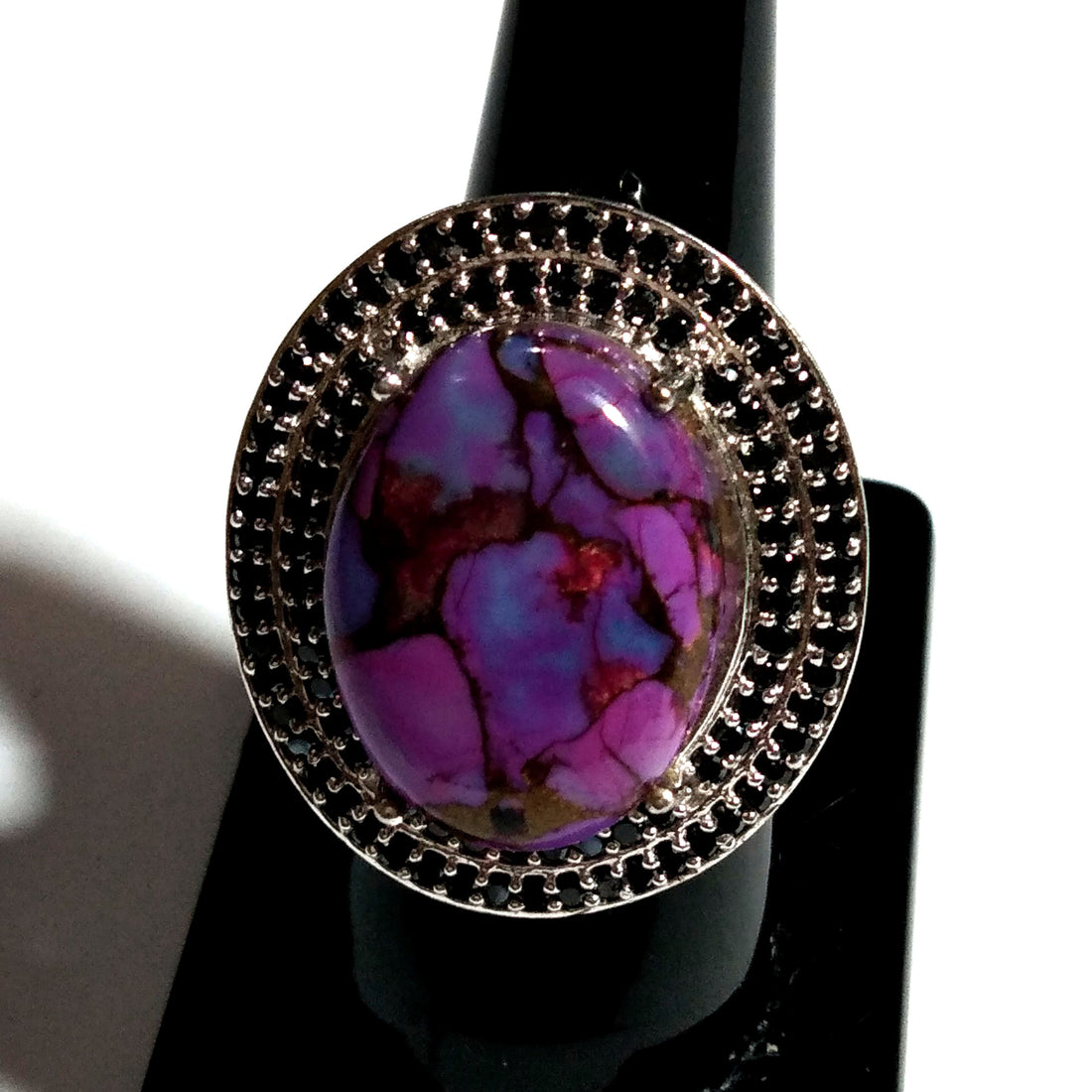 Purple Copper Turquoise and Zircon Ring, Solid 925 Starling Silver Ring, Turquoise Black Zircon Ring Jewelry, Oval Shape For Gift Rings
