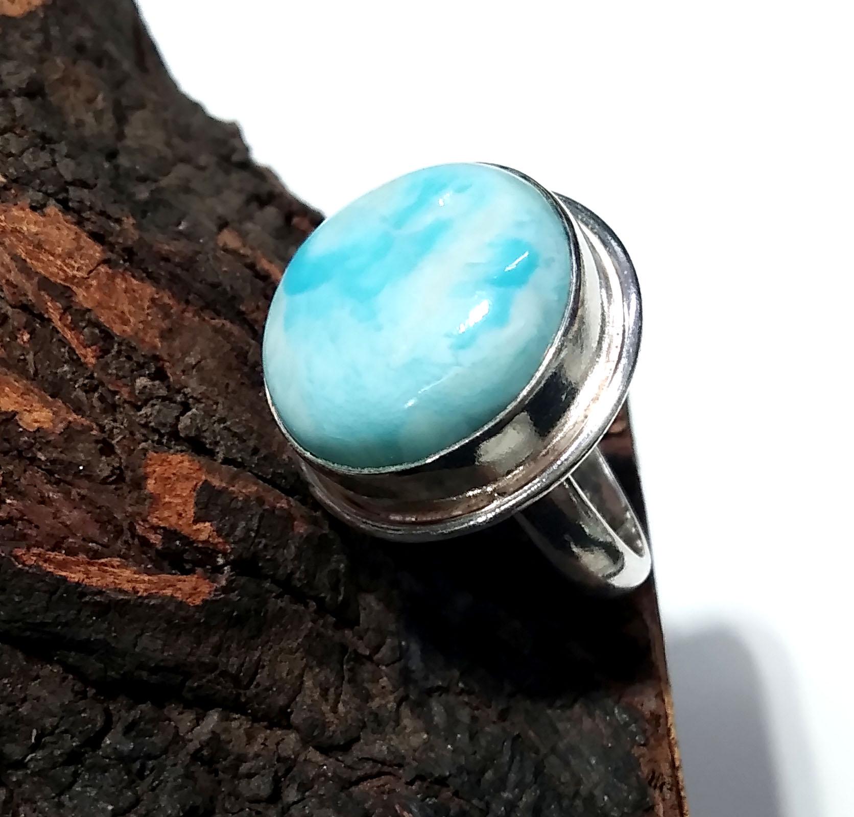 Natural Larimar Gemstone Ring, 925 Solid Starling Silver Ring Jewelry, Round Shape Stone Size 18x18 mm Handmade Silver Jewelry Ring